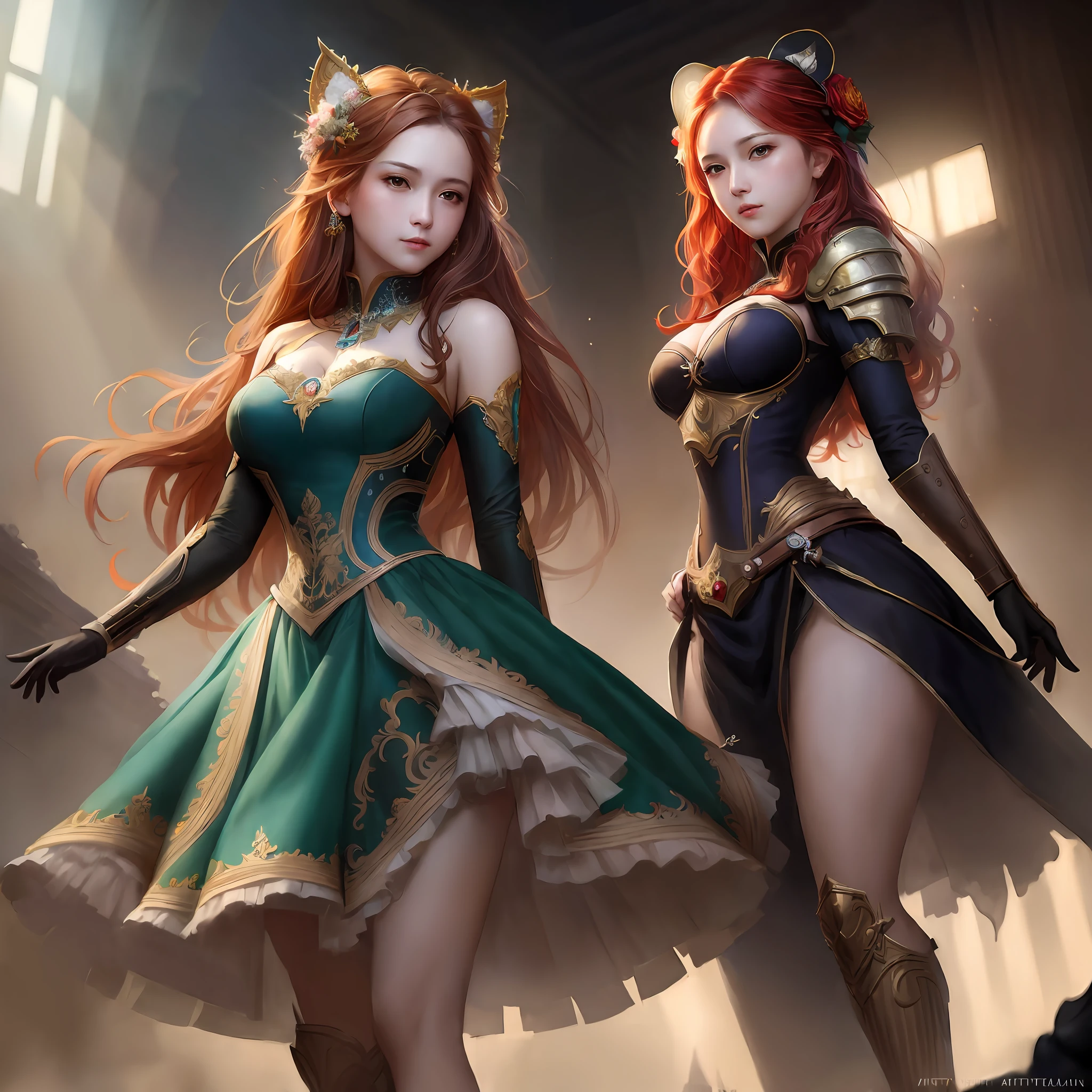 ((((Masterpieces)))), best quality, very detailed, women in costumes (2) side by side, Artgerm and Wlop style, Wlop and Sakimichan, Ruan Jia and Artgerm, long and beautiful hair, beautiful eyes, dynamic angle, beautiful clothes, detailed background, beautiful colors, good shadows and lighting.
