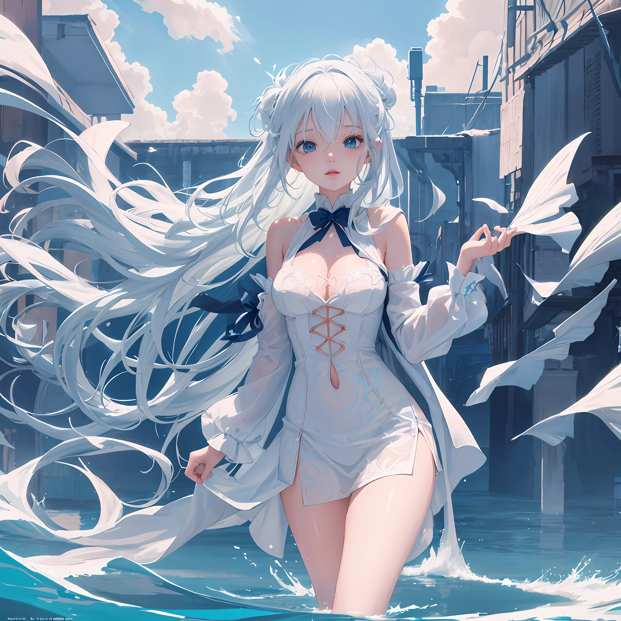 anime girl in a white dress walking in the water, guweiz on pixiv artstation, trending on artstation pixiv, guweiz on artstation pixiv, anime girl walking on water, wallpaper anime blue water, digital art on pixiv, clean detailed anime art, anime art wallpaper 8 k, detailed digital anime art, anime art wallpaper 4 k