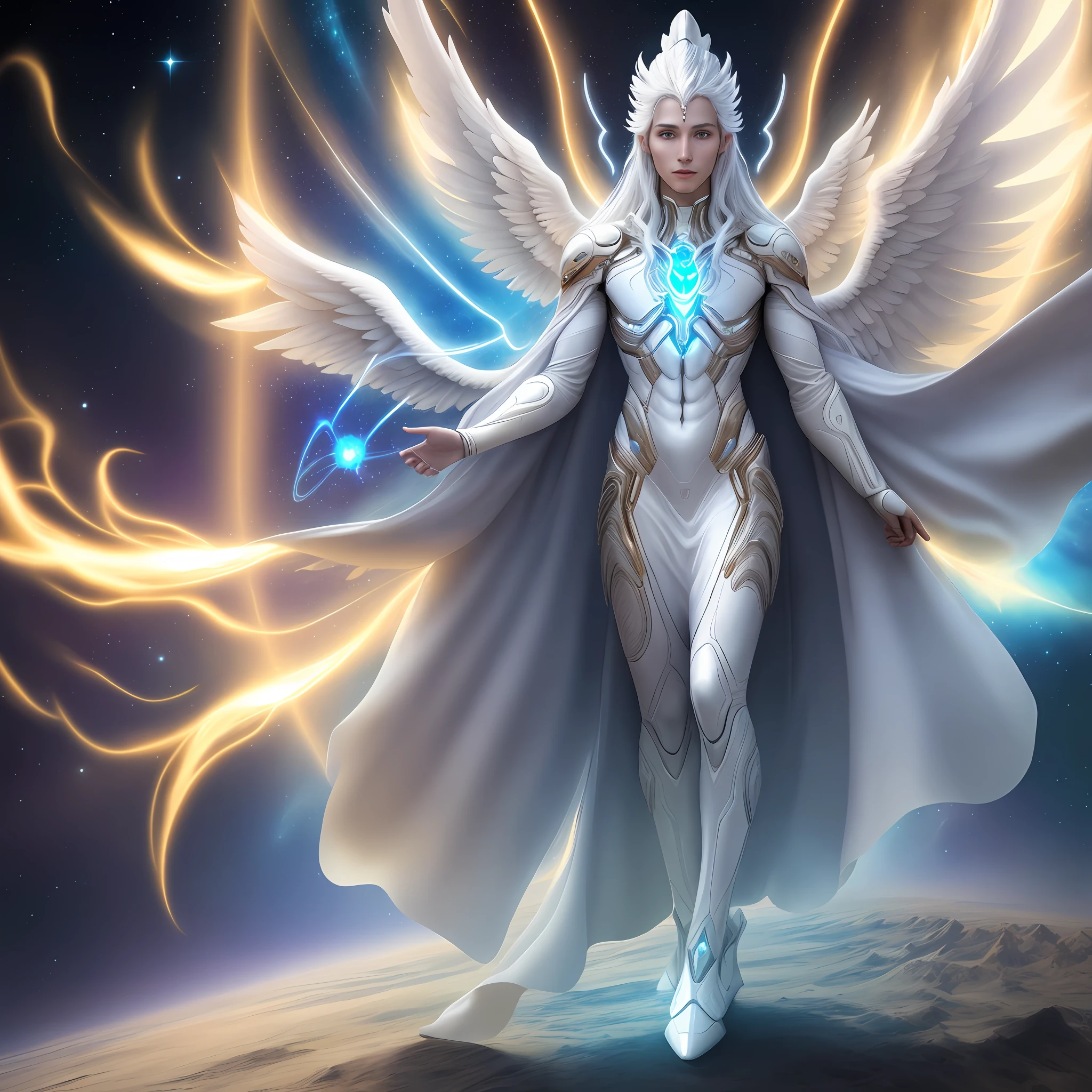 Alien appearance humans l, selestial, full body, beautiful, spiritual being, benevolent, with an aura on the head, sorindo, with radiant energy, archangel miguel style, galactic confederation, high quality, ultra-realistic, professional photography, human,
