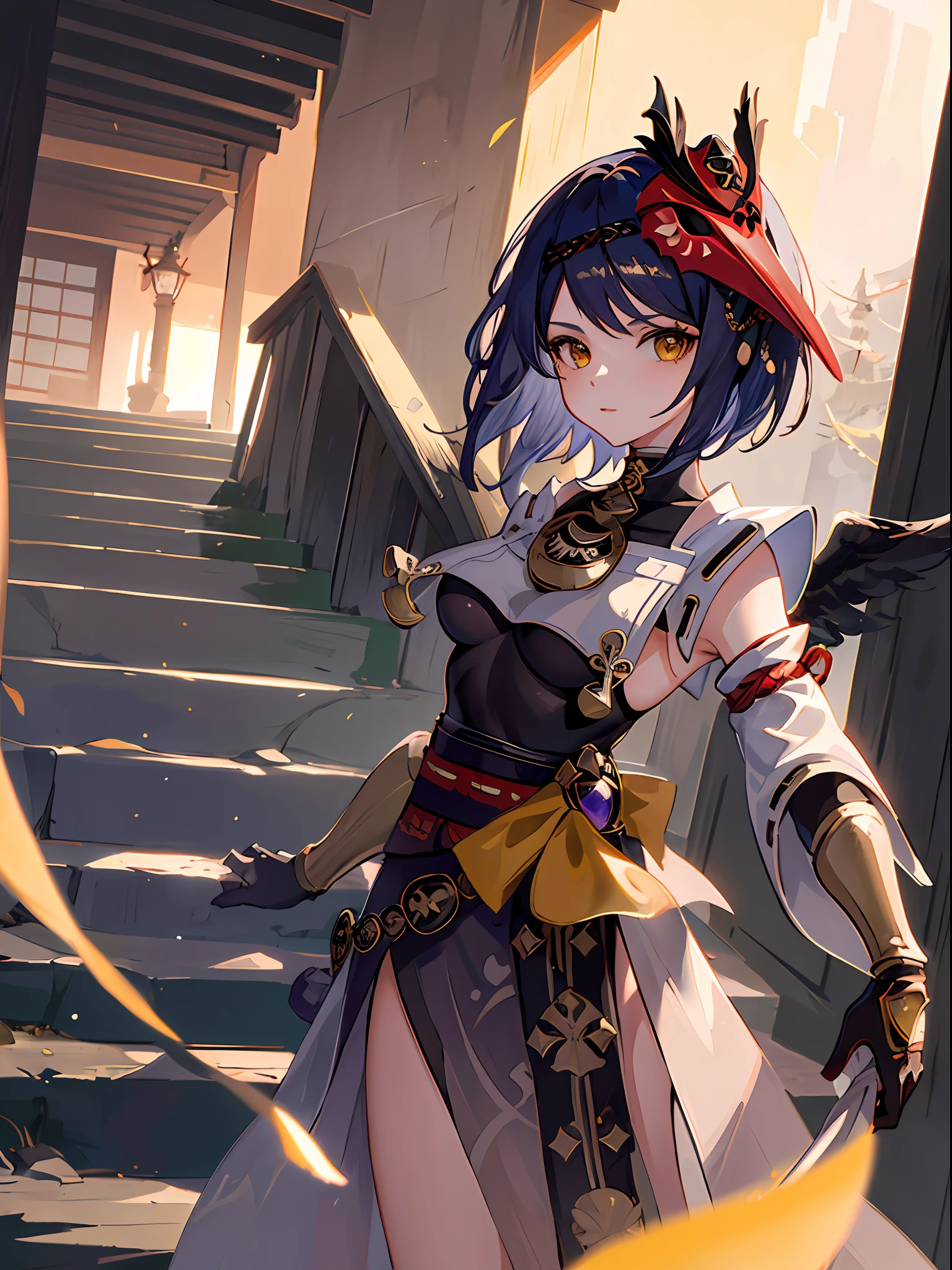 masterpiece, high quality, 1girl, kujousaradef, kujou sara genshin impact, outdoors, day, simple background, blue sky, short hair, sky, temple, looking at viewer, stairs, mountain, moody lighting, facing viewer, anime character with black wings, genshin impact character, genshin impact style, genshin, genshin impact, official character art, underboob