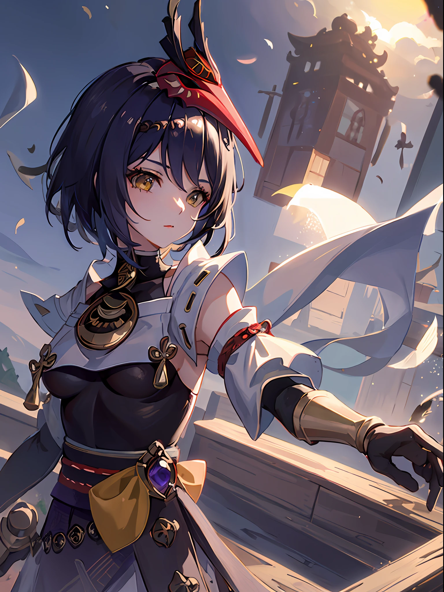 masterpiece, high quality, 1girl, kujousaradef, kujou sara genshin impact, outdoors, day, simple background, blue sky, short hair, sky, temple, looking at viewer, stairs, mountain, moody lighting, facing viewer, anime character with black wings, genshin impact character, genshin impact style, genshin, genshin impact, official character art, underboob
