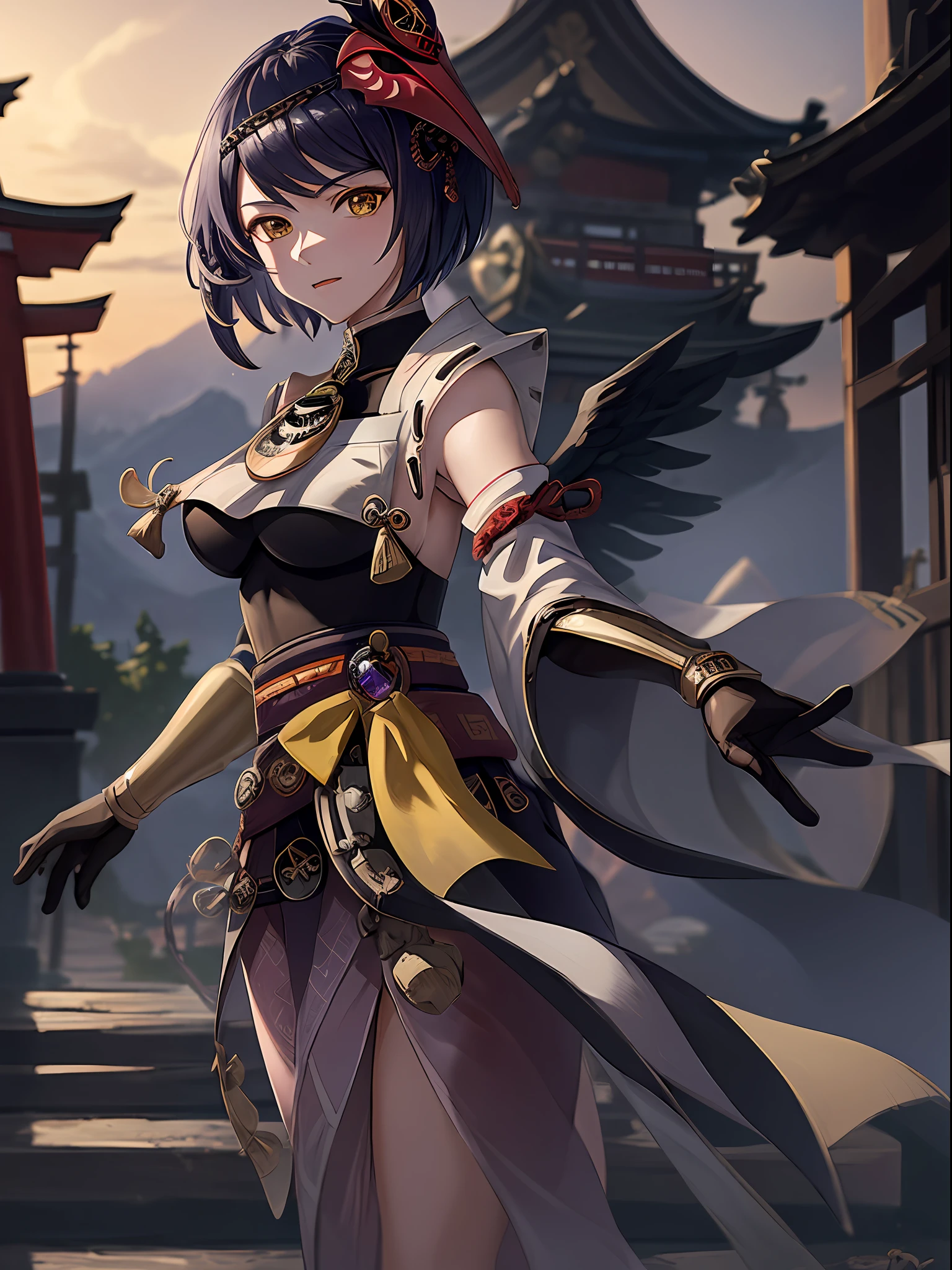 masterpiece, high quality, 1girl, kujousaradef, kujou sara genshin impact, outdoors, day, simple background, blue sky, short hair, sky, temple, looking at viewer, stairs, mountain, moody lighting, facing viewer, anime character with black wings and purple background, genshin impact character, genshin impact style, genshin, genshin impact, official character art, underboob