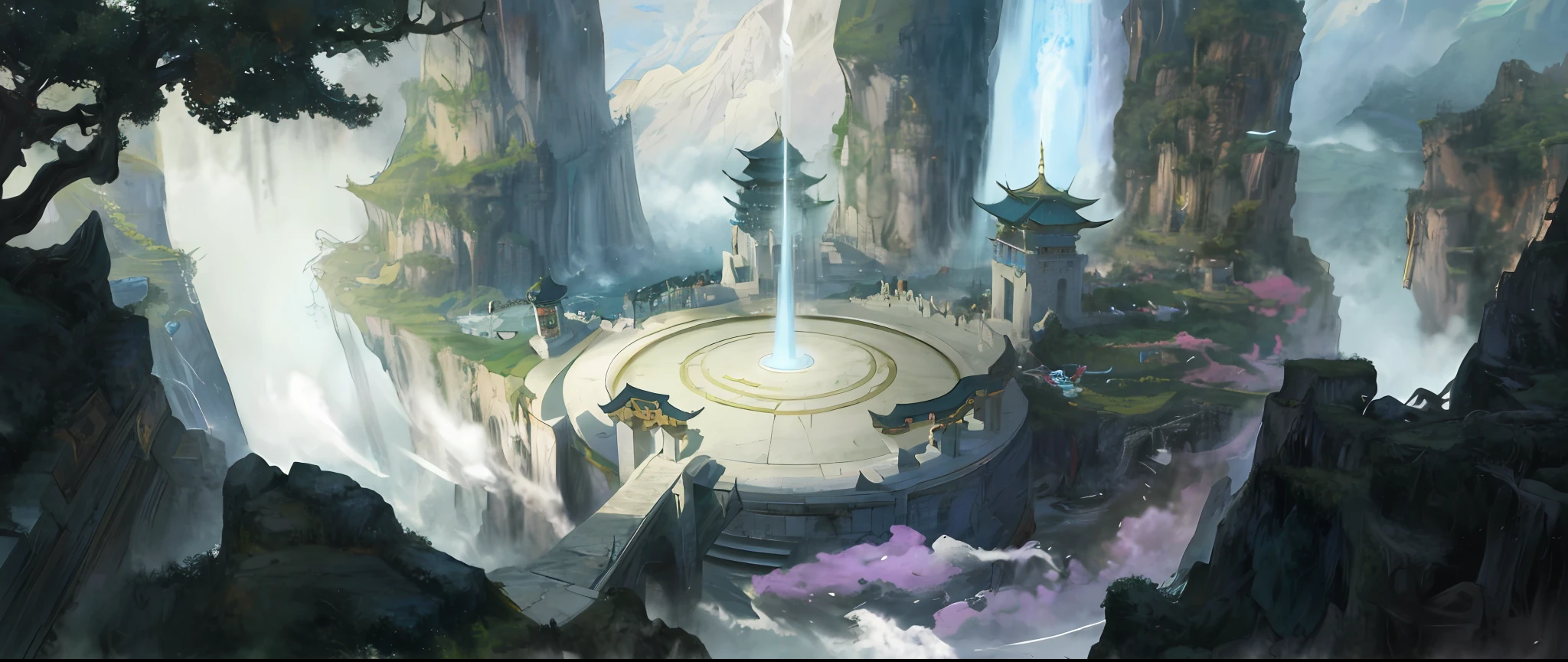 there is a painting of a fountain in the middle of a mountain, g liulian art style, fantasyconcept art, feng zhu concept art, concept art magical highlight, concept world art, concept art illustration, mysterious temple setting, high resolution concept art, water temple, concept art | feng zhu, league of legends concept art, high quality concept art