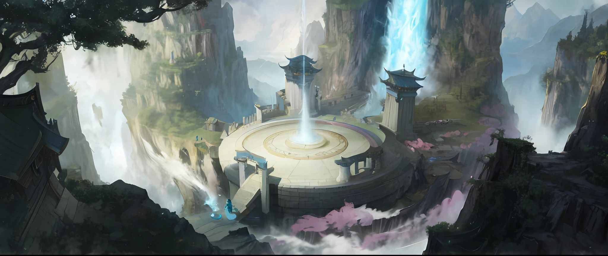 there is a painting of a fountain in the middle of a mountain, g liulian art style, fantasyconcept art, feng zhu concept art, concept art magical highlight, concept world art, concept art illustration, mysterious temple setting, high resolution concept art, water temple, concept art | feng zhu, league of legends concept art, high quality concept art