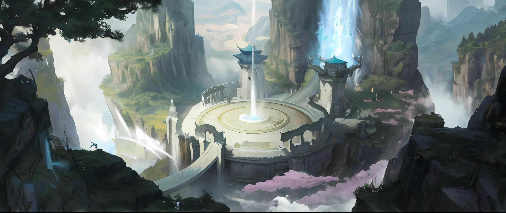 there is a painting of a fountain in the middle of a mountain, g liulian art style, fantasyconcept art, feng zhu concept art, concept art magical highlight, concept world art, concept art illustration, mysterious temple setting, high resolution concept art, water temple, concept art | feng zhu, league of legends concept art, high quality concept art