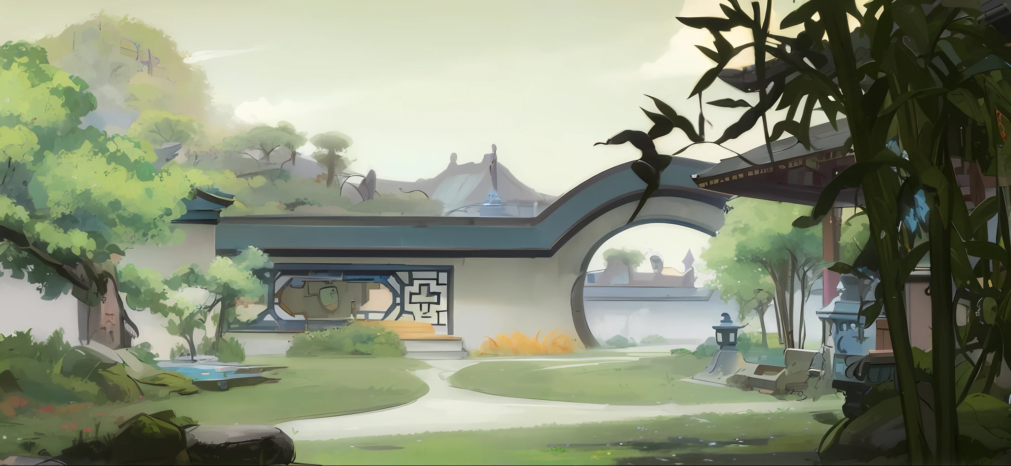 there is a painting of a house in a garden with a path, avatar landscape, legend of korra setting, background art, zen temple background, artwork in the style of z.w. gu, anime countryside landscape, background artwork, anime scenery concept art, anime landscape, environment design illustration, stylized concept art, concept art rendering, illustration matte painting