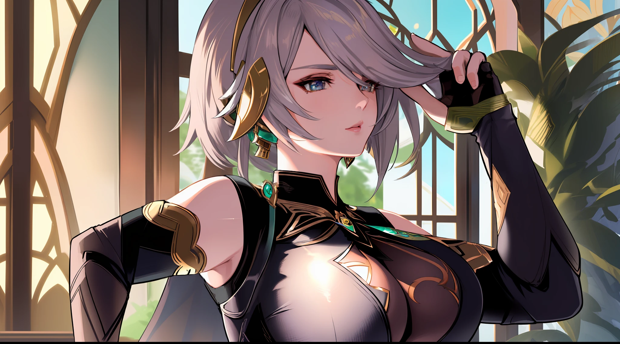 ((masterpiece)), ((high detail)), 1girl,  ((ultra-detailed)),alhaitham\(genshin impact\),1girl,solo, grey hair, short hair (elbow gloves:1.3), androgynous beauty, mature female, beautifully detailed eyes, beautifully detailed face, headpiece, serious, cape , elbow gloves (big breasts 1.4)