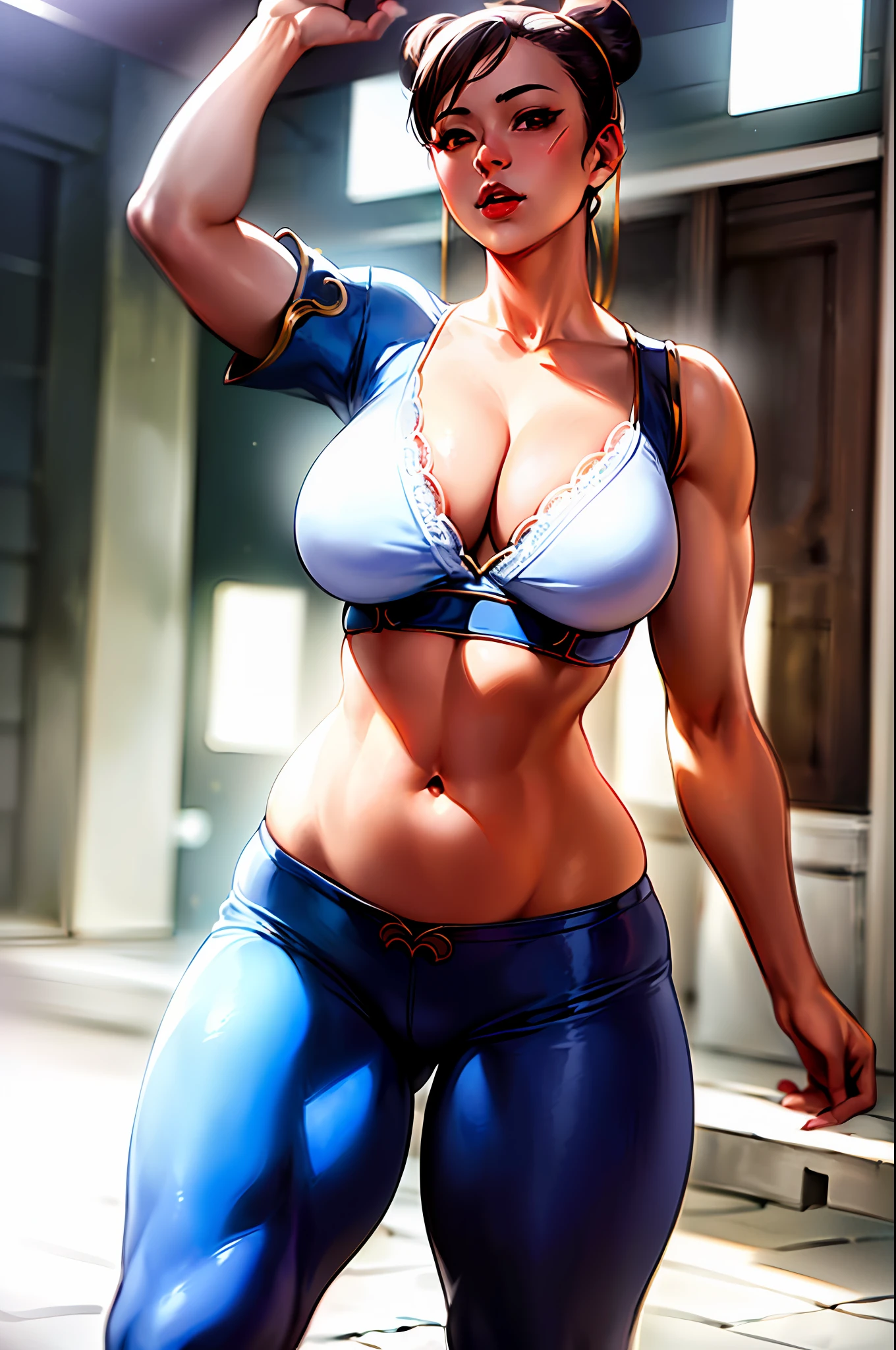 (8k, RAW photo, best quality, masterpiece:1.2), (realistic, photo-realistic:1.37), eve, 1girl, standing, looking at viewer, solo, cleavage, thighs, (white lace bra), tight shorts, (((mature female))), curvy, ((chubby belly:1.3)), , ((toned thighs)), (muscular thighs), chunli, chun li