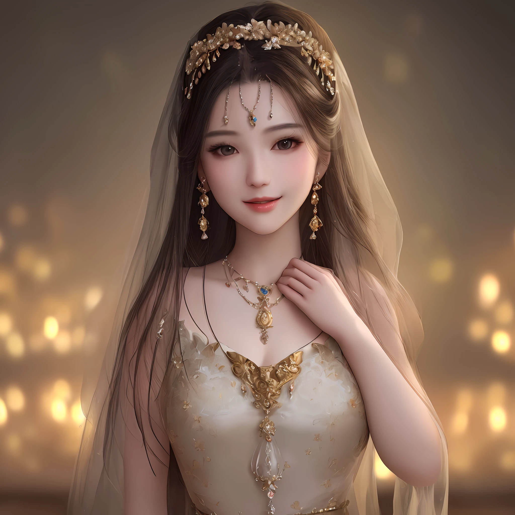 best quality, masterpiece, highres, 1girl, transparent silk porcelain dress, beautiful face, hair ornament, looking at viewer, smile, closed mouth, lips, dress, hair ornament, necklace, jewelry, long hair, earrings, beautiful face, upon_body, tyndall effect, photorealistic, dark studio, rim lighting, two-tone lighting, (high detailed skin: 1.2), 8k uhd, dslr,  soft lighting, high quality, volumetric lighting, candid, Photography, high resolution, 4k, 8k, Bokeh