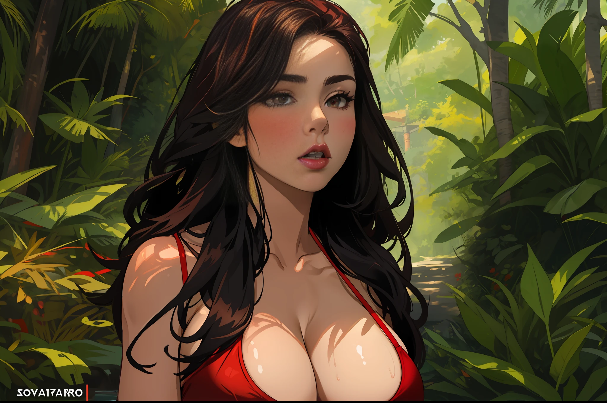 woman in a red and black bikini posing for a picture, big breasts, big breasts!, sfw huge breasts, with large breasts, busty, sexy girl with dark brown hair, red bra, big breasts!!, sexy girl, beautiful alluring teen, large breasts, covered sfw huge breasts, outdoors, buxom chested, with a large breasts
