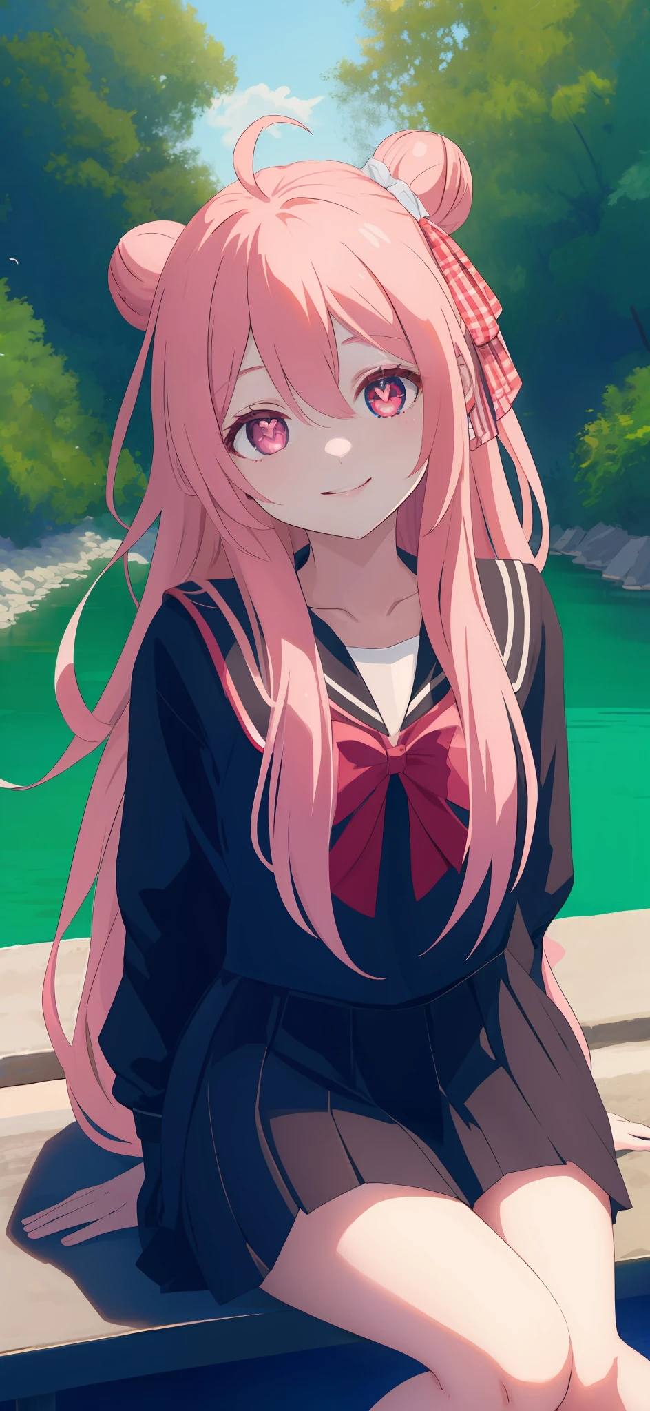masterpiece, best quality, looking at viewer, 1girl, solo, bow, black serafuku, smiling, outdoors, river, glowing eyes, depth of field, sitting, close up, heart shaped pupils