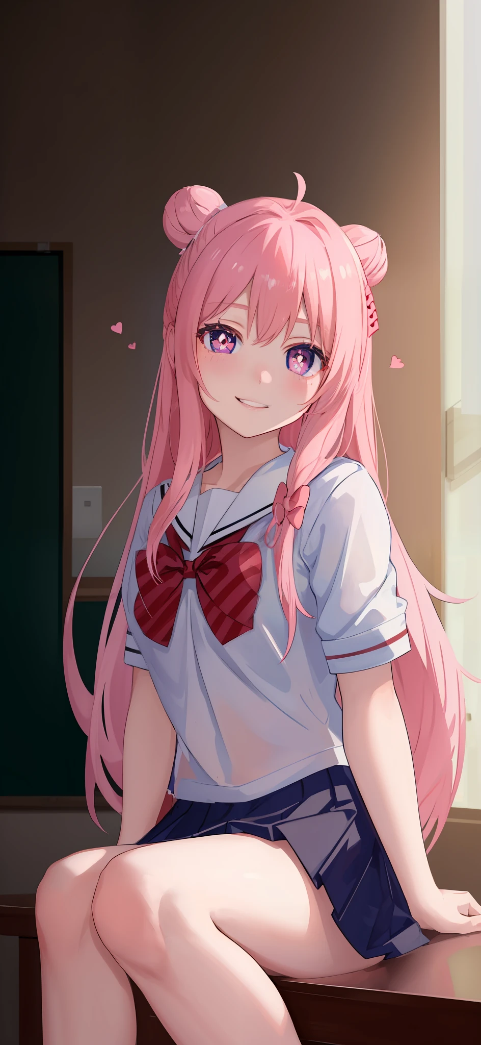 masterpiece, best quality, looking at viewer, 1girl, solo, bow, black serafuku, smiling, school, glowing eyes, depth of field, sitting, close up, heart shaped pupils