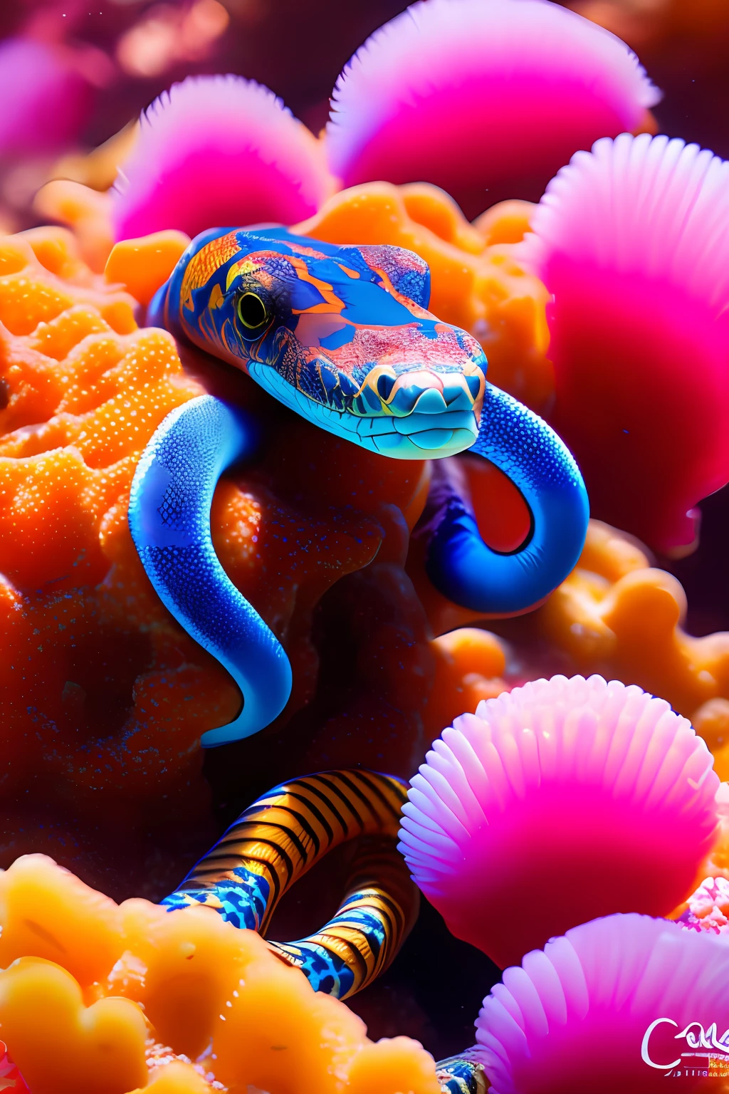 colorful sea snake in coral bed, coiled around anemone