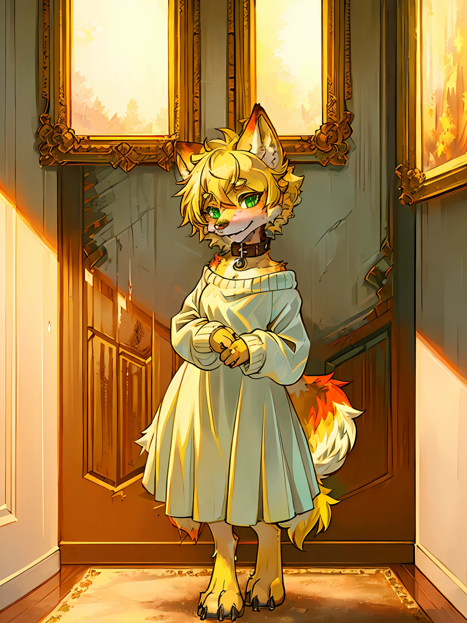 (((1girl, petite))), dog anthro, best quality, ultra-detailed, illustration, solo, indoors, natural stone walls, foreground, background, defined eyes, short blonde hair, bright green eyes, inside, fiery tail, short girl, dog ears, (((fiery tail))), detailed face, detailed eyes, detailed fluffy fur, ((fluffy tail)), shoulder length hair, digitigrade, medium breasts, furry, (blonde) ((female)) (((anthro, detailed face, detailed eyes, detailed fluffy fur, fluffy tail, short hair, digitigrade,))) seductive pose, digital painting, natural lighting, cleavage, (((fiery) fur)), shoulder_length_hair, brick_walls, shiba_inu, ((((plain (dirty stained) long white sweater-dress))off the shoulder)) ((green_eyes)), sfw, (((short))) female dog anthro, curled dog tail, ((((large metal) collar), fiery fur pattern, fluffy, animal_ear_fluff, )) fluffy tail, (red and yellow fur:1.5),(anthro, snout,furry:2.0), (detailed blonde fluffy fur:1.5), flame_print on body_fur, chest floof, flame in the fur, short!, smol!,three sided view, dutch angle