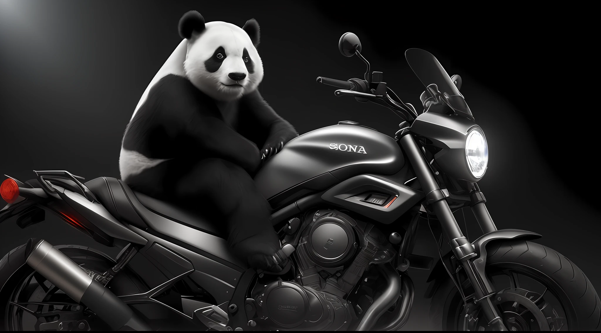 A panda riding a motorcycle, digital art, (photo, studio lighting, bright light, sony a7, 50 mm, hyper-realistic, great depth of field, concept art, colors, hyper-detailed, hyper-realistic), ((moody lighting)) , (ambient light)