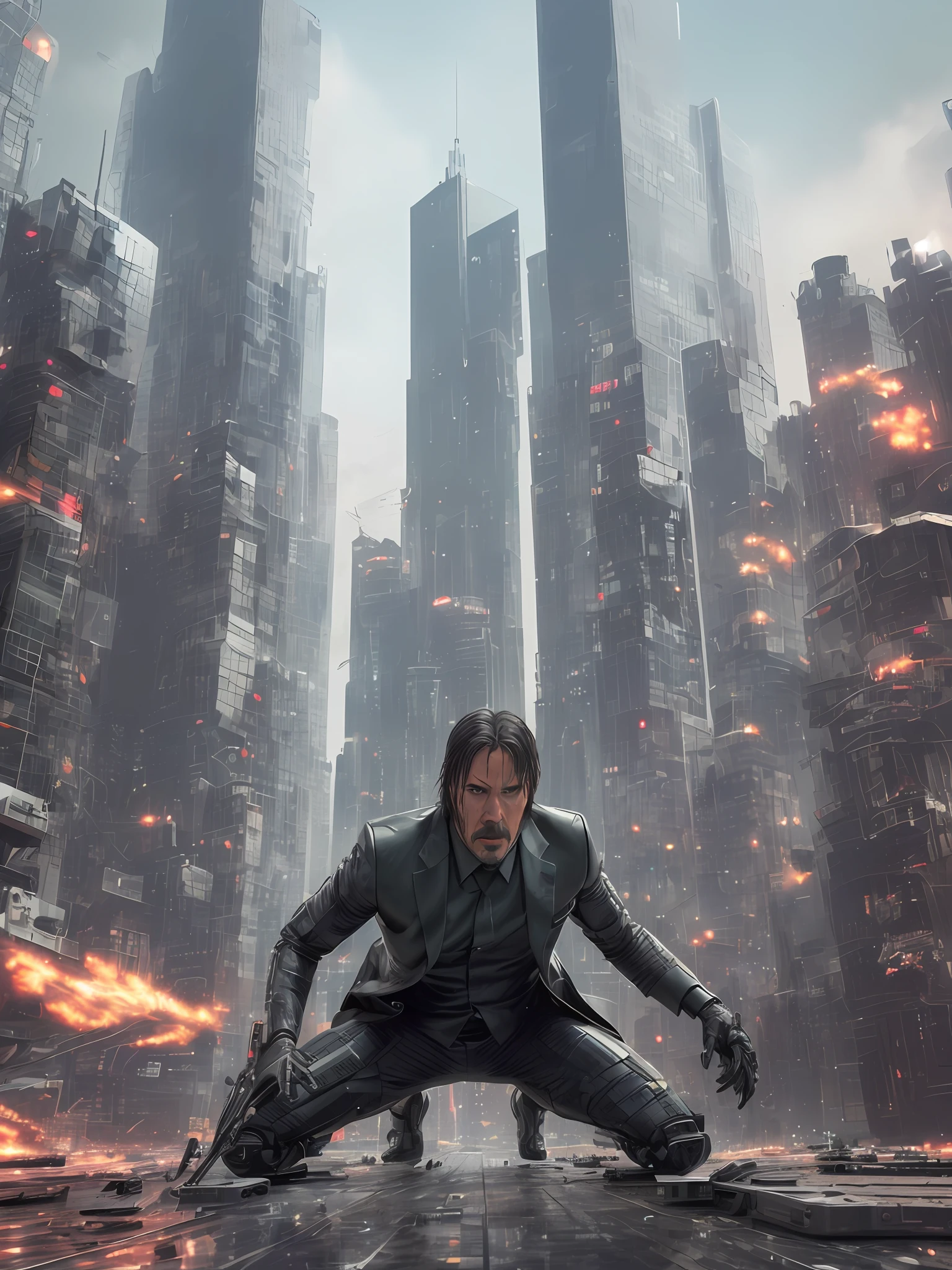 Ultra-realistic and highly-detailed digital illustration of John Wick fighting Terminator robots in a futuristic cityscape. (The illustration features Octane-rendered 8k resolution with the main focus on John Wick's prosthetic cyborg arm, which is realistically designed and equipped for battle). The cityscape presents a busy urban backdrop, with sophisticated architecture, advanced technology, and futuristic cityscapes.
