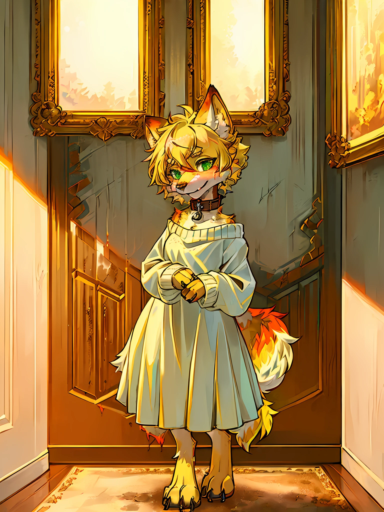 (((1girl, petite))), dog anthro, best quality, ultra-detailed, illustration, solo, indoors, natural stone walls, foreground, background, defined eyes, short blonde hair, bright green eyes, inside, fiery tail, short girl, dog ears, (((fiery tail))), detailed face, detailed eyes, detailed fluffy fur, ((fluffy tail)), shoulder length hair, digitigrade, medium breasts, furry, (blonde) ((female)) (((anthro, detailed face, detailed eyes, detailed fluffy fur, fluffy tail, short hair, digitigrade,))) seductive pose, digital painting, natural lighting, cleavage, (((fiery) fur)), shoulder_length_hair, brick_walls, shiba_inu, ((((plain (dirty stained) long white sweater-dress))off the shoulder)) ((green_eyes)), sfw, (((short))) female dog anthro, curled dog tail, ((((large metal) collar), fiery fur pattern, fluffy, animal_ear_fluff, )) fluffy tail, (red and yellow fur:1.5),(anthro, snout,furry:2.0), (detailed blonde fluffy fur:1.5), flame_print on body_fur, chest floof, flame in the fur, short!, smol!,three sided view, dutch angle