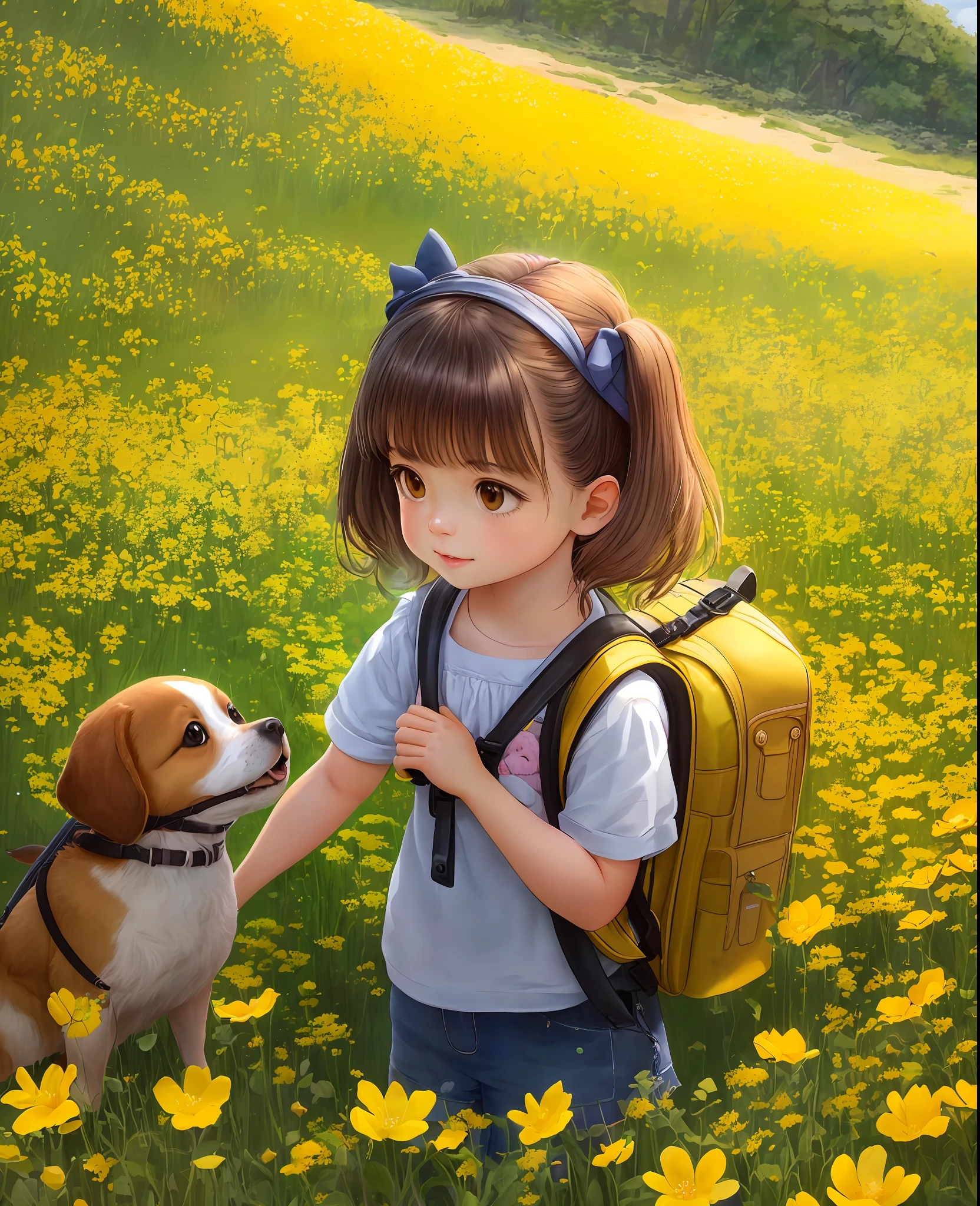 Tip: A very charming *********** with a backpack and her cute puppy enjoying a lovely spring outing surrounded by beautiful yellow flowers and nature. The illustration is a high-definition illustration in 4k resolution, featuring highly detailed facial features and cartoon-style visuals.