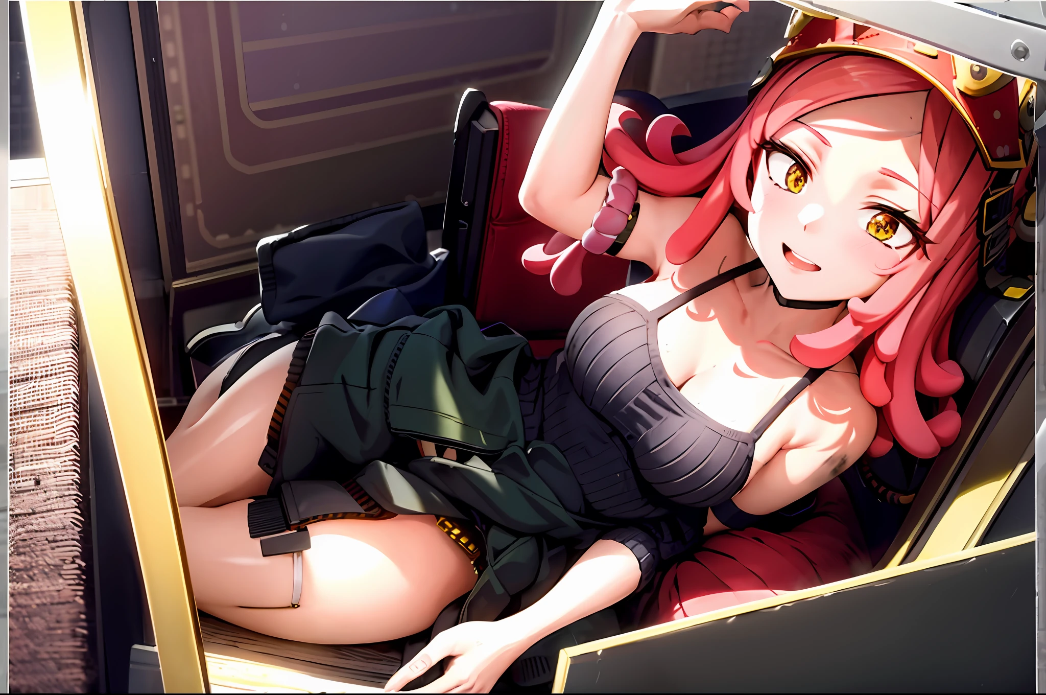 4k, carismatic, very detail, there is a girl, she is Hatsume Mei, soft theme, dirty Pink dreadlock hair, 25 years old, full body, scope like yellow pupils she has a mature aparence. Looking to de viewer, SFW, normal,