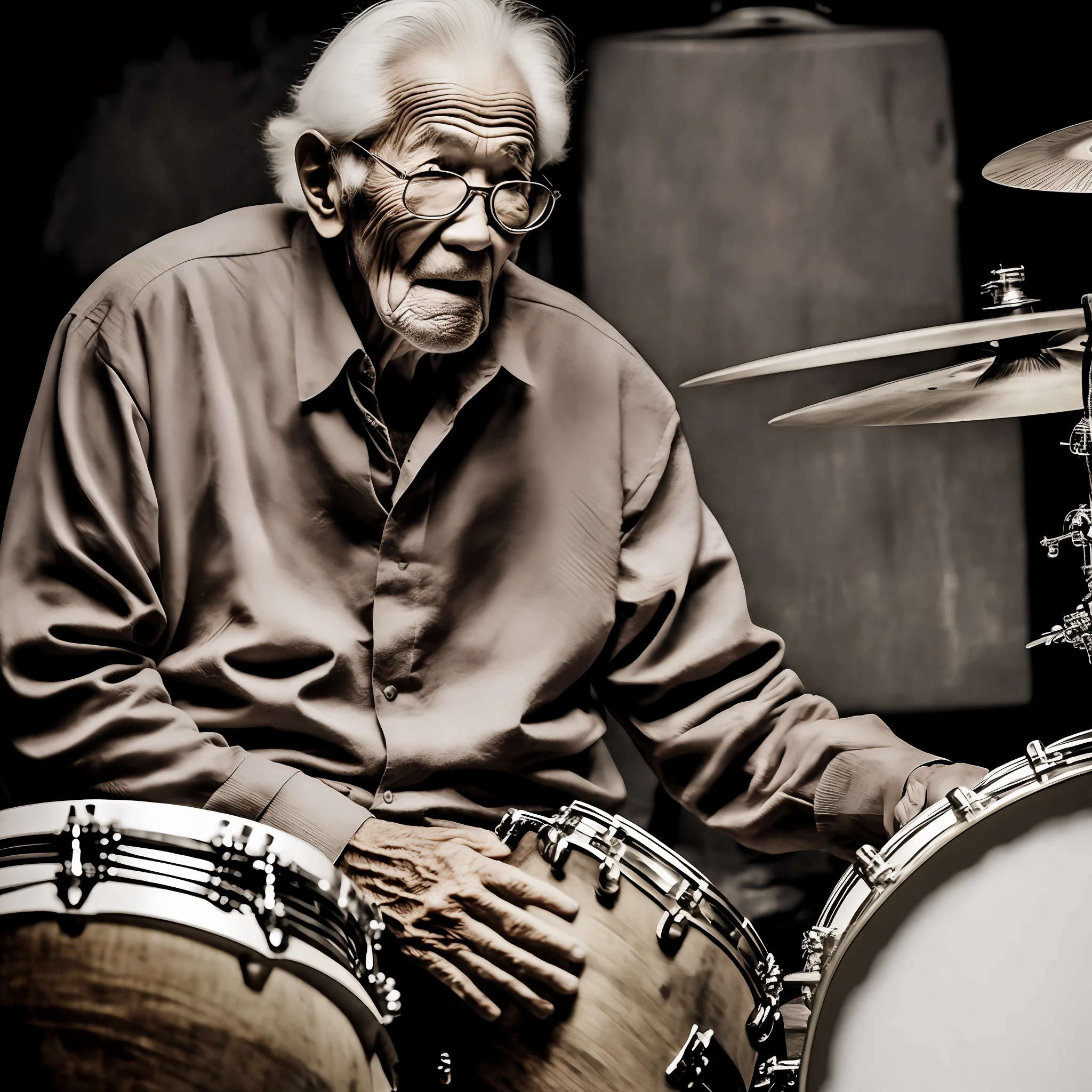 In the image, an energetic and lively old man is sitting behind a drum set, ready to show off his musical skills. He wears thin-rimmed glasses and has white gray hair, imparting wisdom and experience. Despite his advanced age, his posture is upright and his facial expression is full of joy and enthusiasm.
The old man holds the drumsticks masterfully, displaying wrinkled hands that tell stories of a life dedicated to music. Every beat on the skins of the drums reveals a precision and a passion that transcends time. His movements are full of fluidity and energy, showing that age does not limit his ability to create powerful rhythms.
The battery is customized and has a vintage look. It bears marks of time and the old man's experience, such as scratches and wear. The drum ensemble consists of a variety of sizes and shapes, each with its own distinct and special sound. Bright drum cymbals complete the set, reflecting the ambient lights.
In the surrounding setting, there are clues to the old man's long musical journey. Old concert posters and legendary bands adorn the walls, revealing their history and inspirations. The audience, made up of people of all ages, watches with respect and respect, suggestively applauding every beat he creates.
This image inspires stories of perseverance, passion and longevity. It celebrates a timeless connection between a musician and their instrument, showing that music has the power to transcend age and connect generations. The message is clear: it's never too late to follow your passion and make your music resonate in the world.