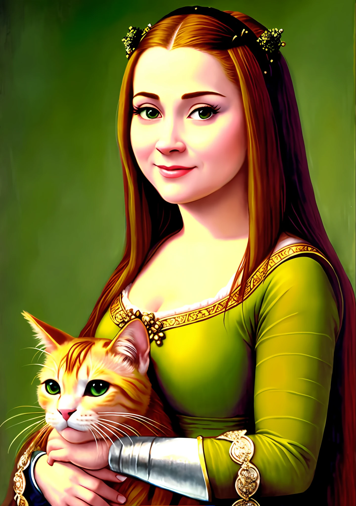 A close-up portrait of Princess Fiona from the Shrek Movie as Leonardo da Vinci's Monalisa, pronounced feminine characteristic, holding the cat in boots from the movie Shrek 2