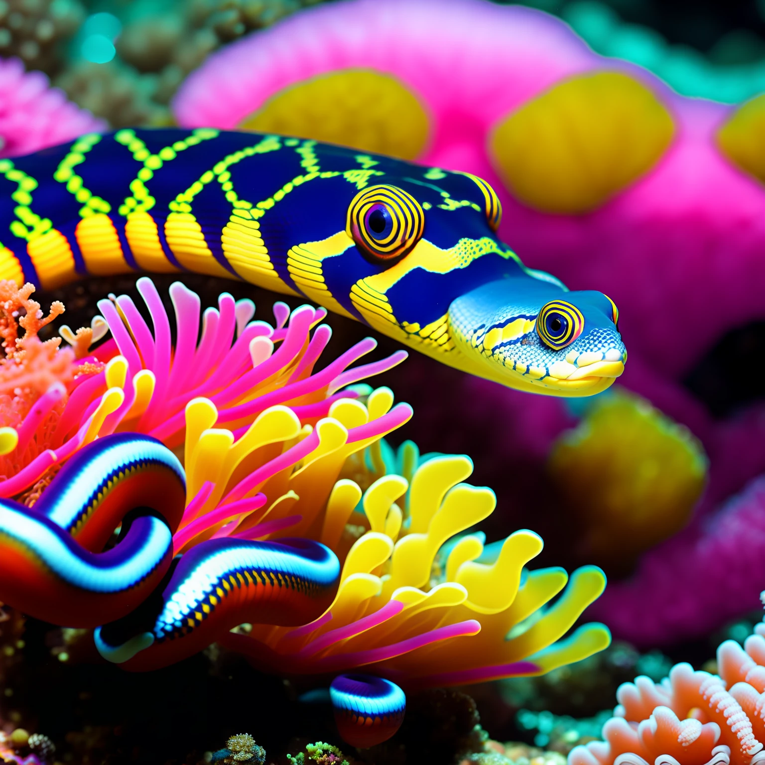 colorful sea snake in coral bed, coiled around anemone