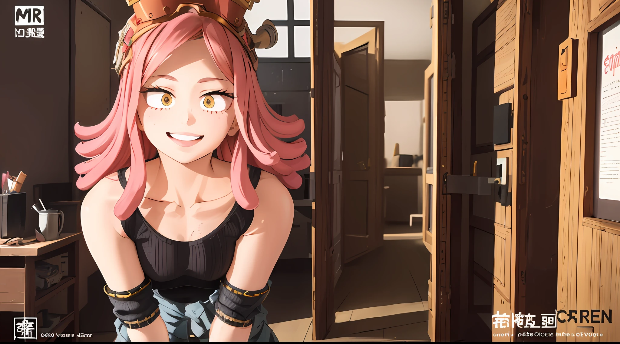 4k, carismatic, very detail, there is a girl, she is Hatsume Mei, soft theme, dirty Pink dreadlock hair, 25 years old, full body, she has a crazy smile, scope like yellow pupils she has a mature aparence.