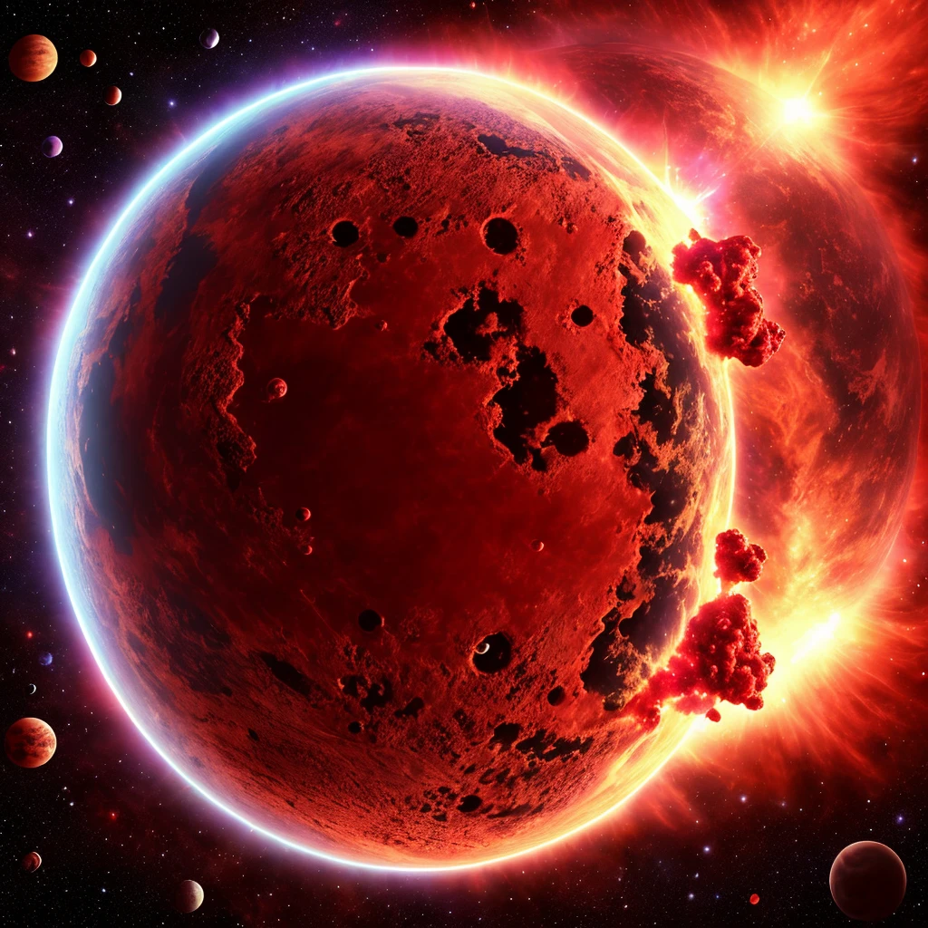 mutating planet, covered in fleshy blood red surface, vivid cosmic backdrop, in outer space, lovecraftian
