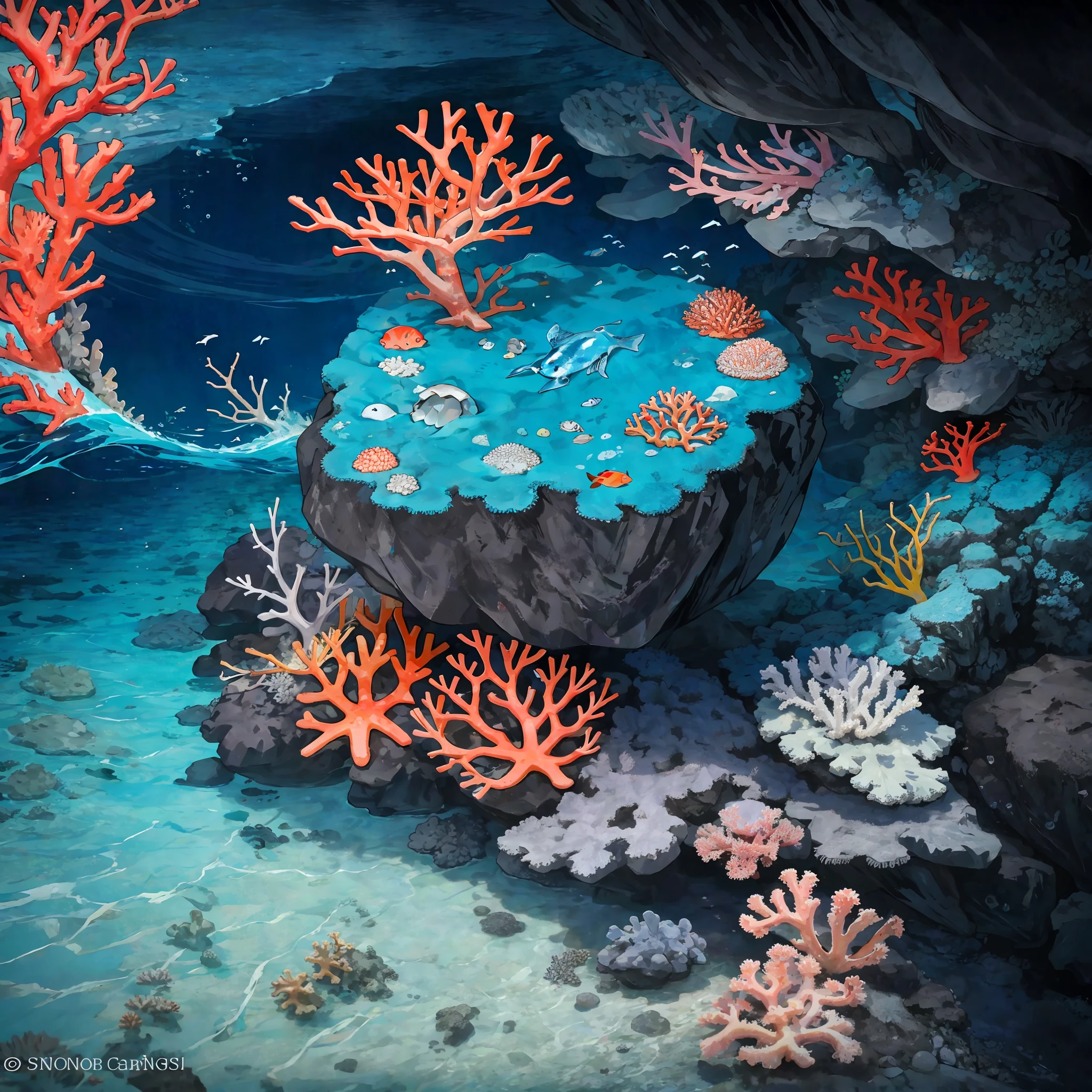 coral anthill on ocean floor with colorful sea snake wrapped around it, small fish and sea plants surrounding