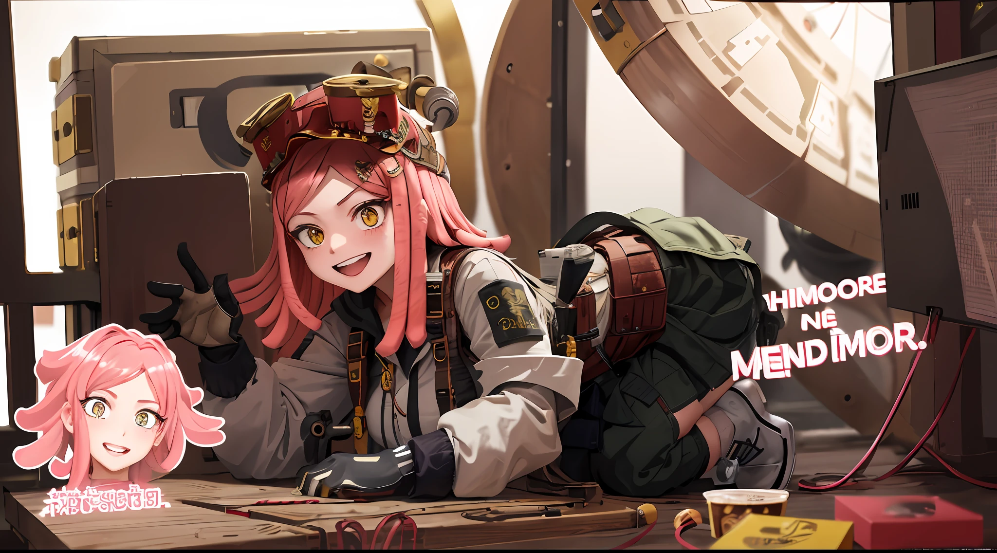 4k, carismatic, very detail, there is a girl, she is Hatsume Mei, soft theme, dirty Pink dreadlock hair, 25 years old, full body, she has a crazy smile, scope like yellow pupils she has a mature aparence.