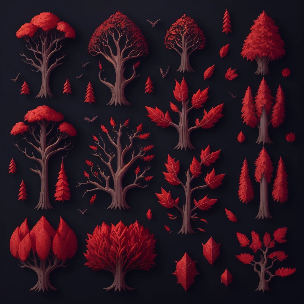stylized tree wooden clip art collection, top down view, portal view, with strong red and white accents, fantasy style, game asset details, 4k, futuristic background, vivid colors, sprite shee