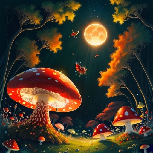 red mushroom with white spots, fairies, ladybugs, centipede, pillbug, moth, fireflies, midnight, full moon