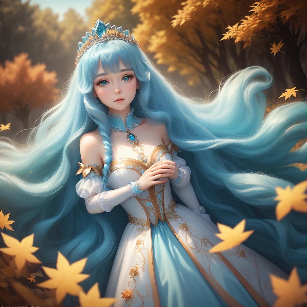 Ultra realistic, high resolution, 8k, long and beautiful hair, cyan hair, 1.60 tall, princess dress, nature in autumn, eyes like galaxy, adult face, blue tiara