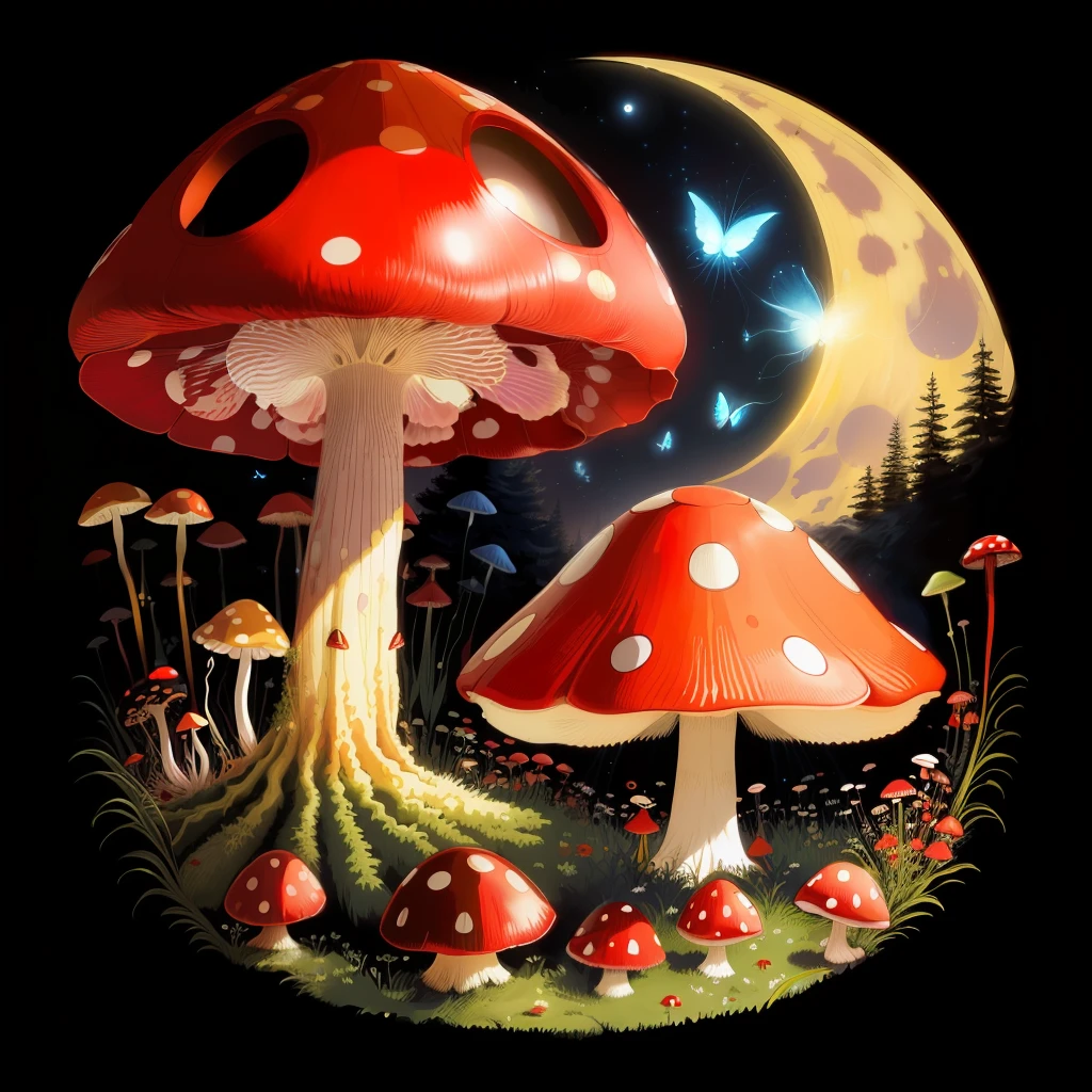 red mushroom with white spots, fairies, ladybugs, centipede, pillbug, moth, fireflies, midnight, full moon