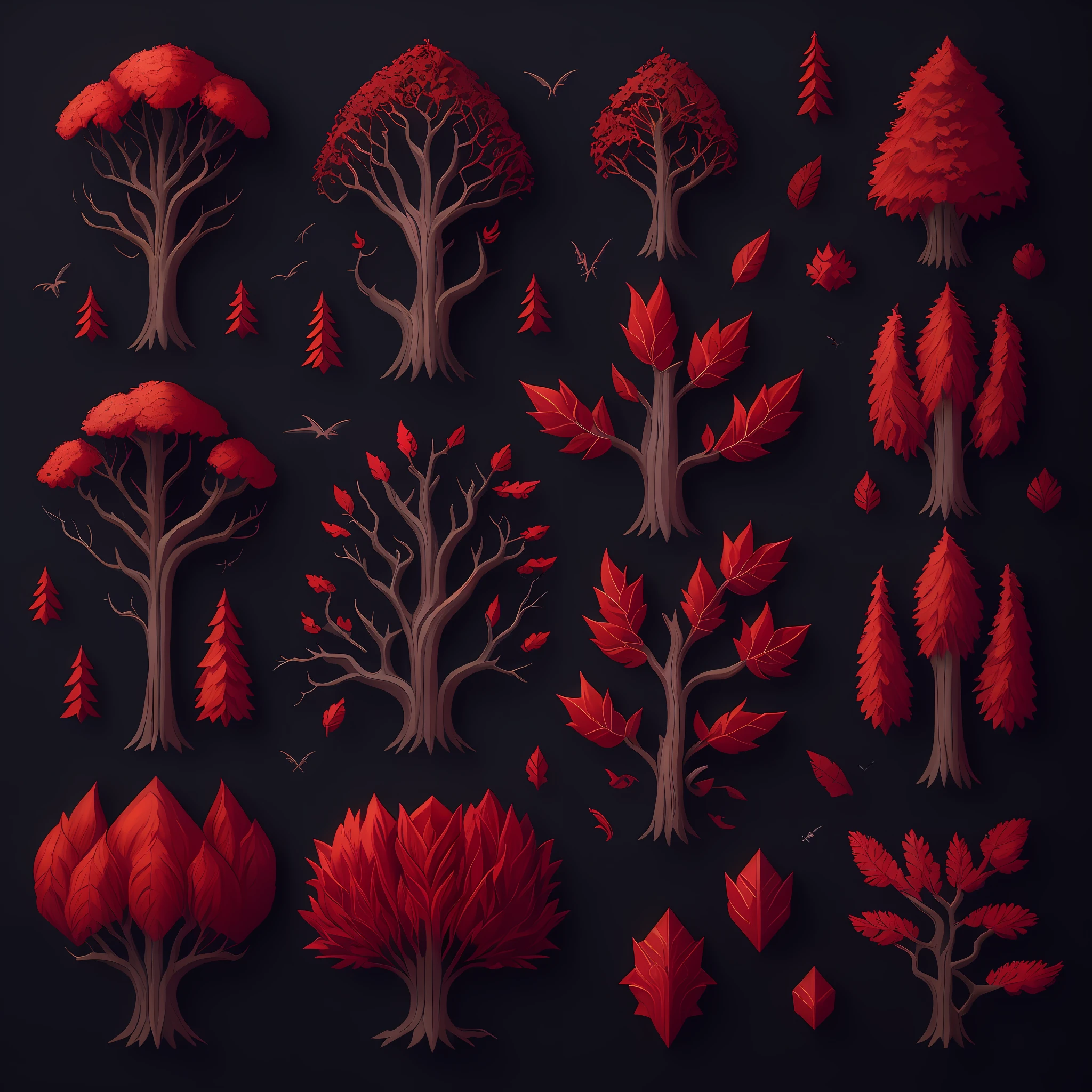 stylized tree wooden clip art collection, top down view, portal view, with strong red and white accents, fantasy style, game asset details, 4k, futuristic background, vivid colors, sprite shee