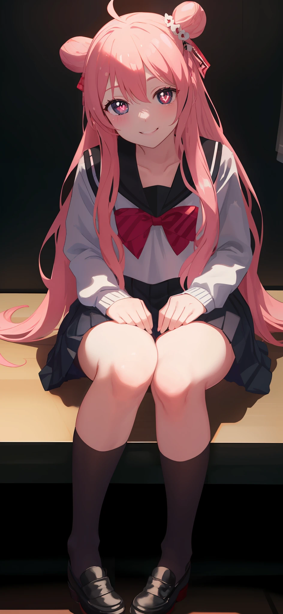 masterpiece, best quality, looking at viewer, 1girl, solo, bow, black serafuku, smiling, school, glowing eyes, depth of field, sitting, close up, heart shaped pupils