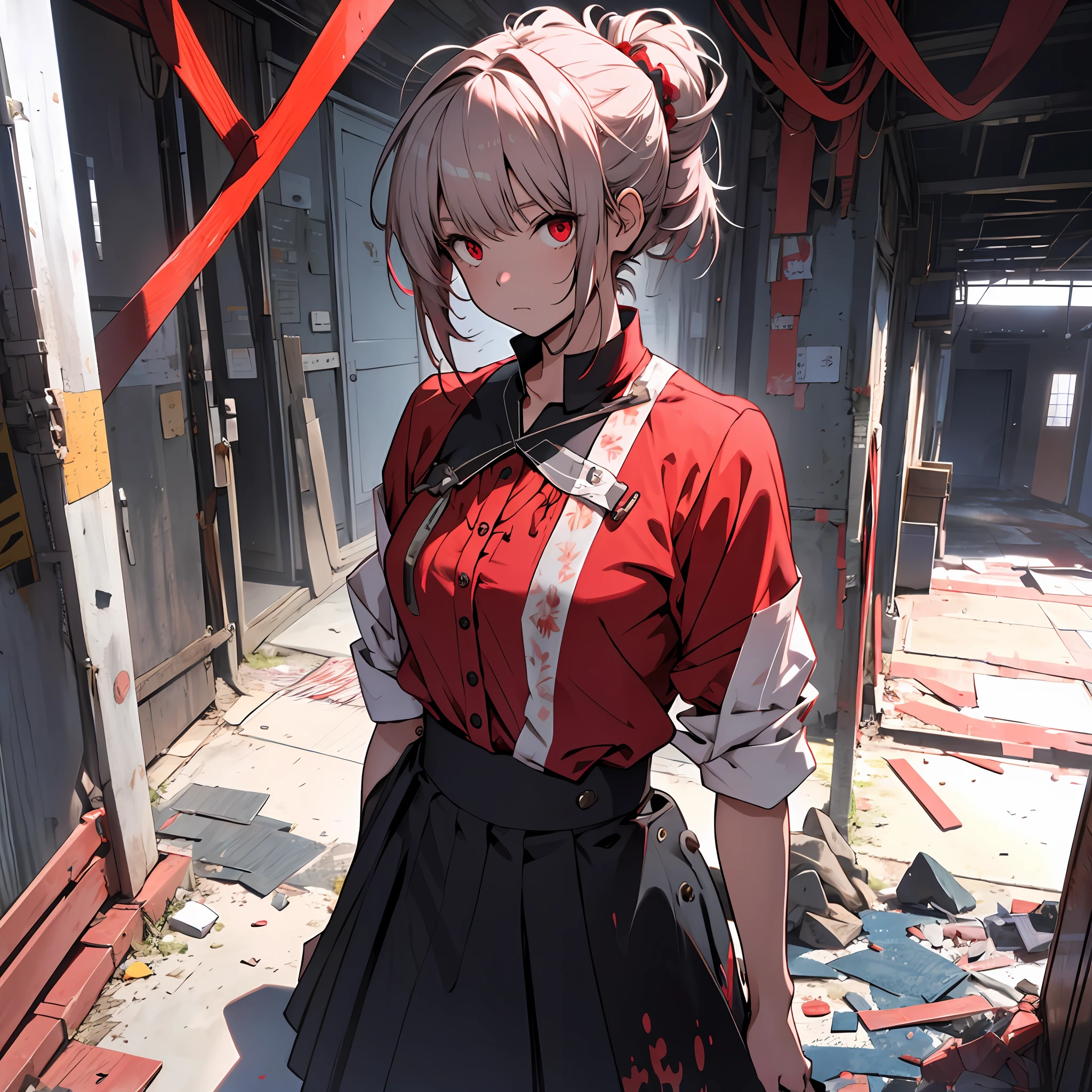 1 girl, (((solo:1.5))), ((messy hairstyle)), standing taking a picture, Margent hair, red eyes, soft blouse,