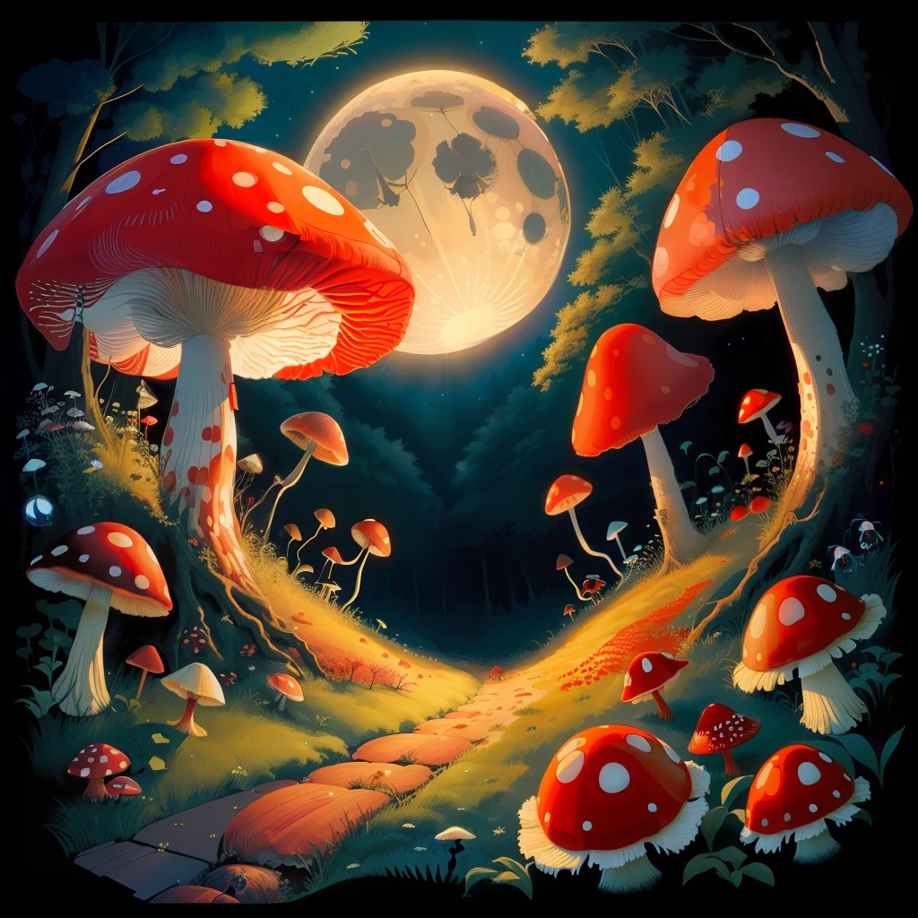 red mushroom with white spots, fairies, ladybugs, centipede, pillbug, moth, fireflies, midnight, full moon, ants, anthill