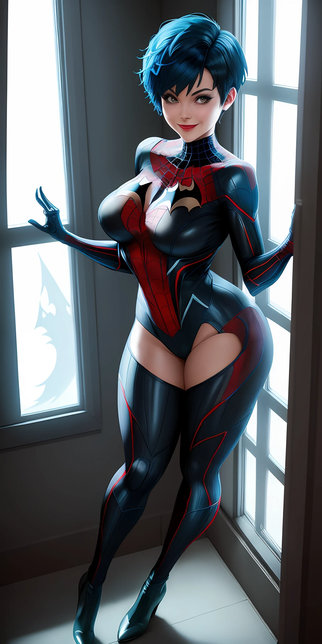 Full body image of a woman doing hybrid cosplay of spider-man with Batman in the uniform in black with white, she has short blue hair, is looking at the viewer in front of a window in a brothel room, smiling, at night with full moon appearing outside the window.
