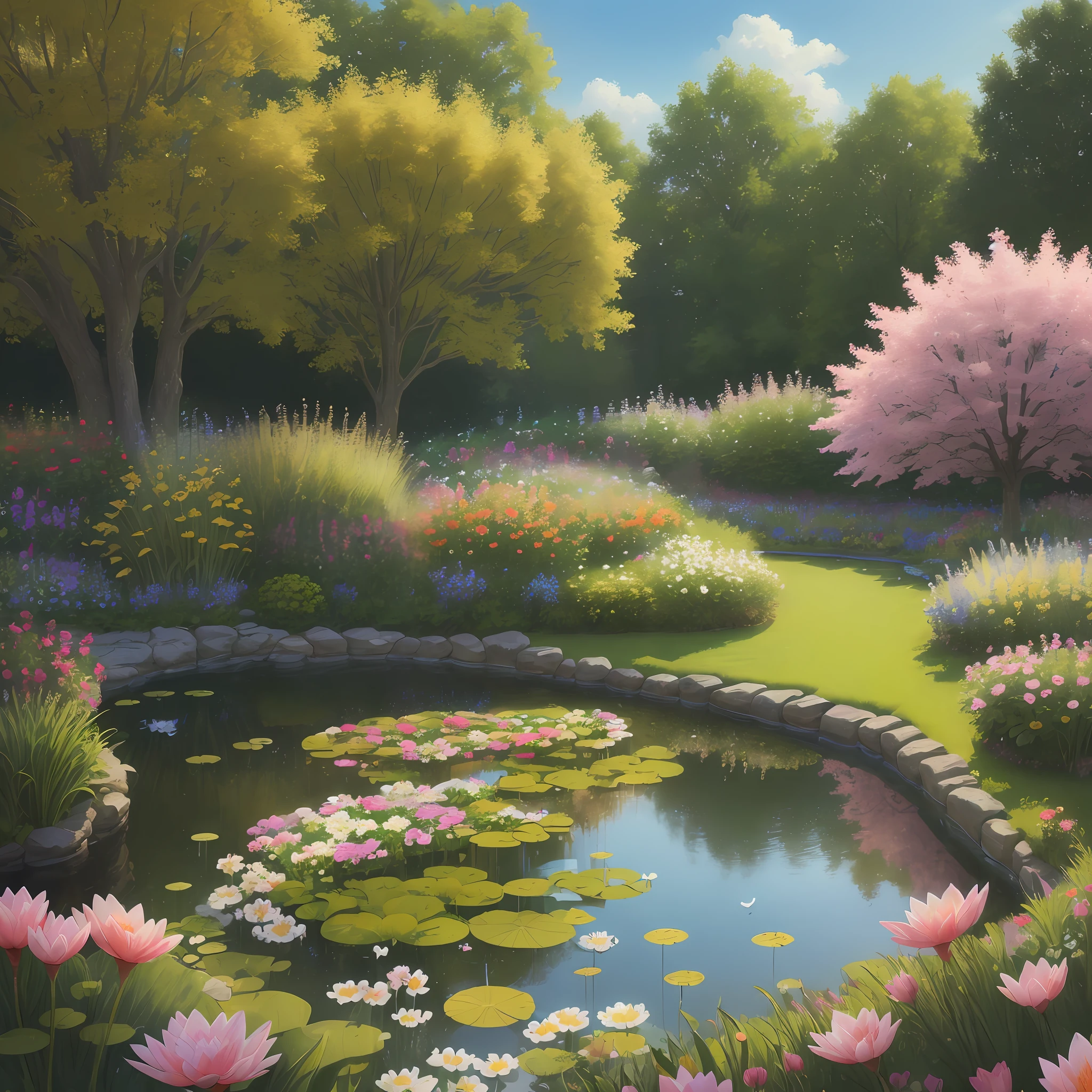 realistic, masterpiece, best quality, ultra-detailed, detailed, scenery, beautiful flowers, detailed flower garden, detailed pond (middle of the background)