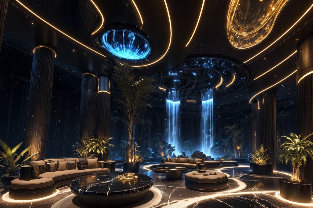 incredible black luxurious futuristic interior in Ancient Egyptian style with many (((lush plants))) (lotus flowers), ((palm trees)), rocky walls, ((sand)), ((waterfalls)) (marble), ((precious minerals)), ((metals)), (gemstones), crystals, clouds and ((water)), curvy futuristic furniture, (hieroglyphics), ((trees and plants made out of gemstones and precious minerals and lights)), crocodiles, (((ultra luxury))), (black marble) – with ((beautiful lights)), Unreal Engine, HQ, 16k