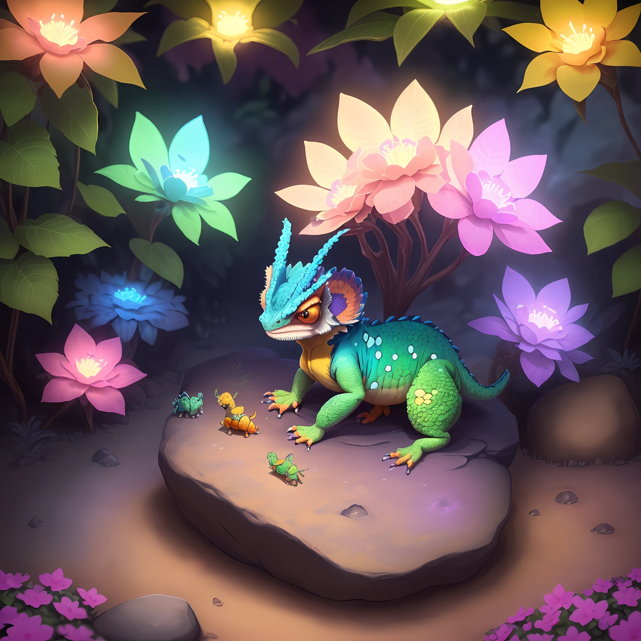 (best quality: 1.3), (masterpiece: 1.3), (illustration: 1.3), (super detailed: 1.3), (imid shot: 0.9), panther chameleon, solo, single body, four legs, cute, thick fluffy tail, Chameleon (sunbathing on a big rock: 1.1), Chameleon colorful, luminous colors, pink, blue, purple, green, yellow, shut up, horns, Rock (cute bugs with luminous pink, blue, purple, red on rock: 1.3), Rock (surrounded by magical garden glowing luminous pink, blue, purple, orange, yellow flowers and plants), Rock with small holes, glowing ants, glowing lights