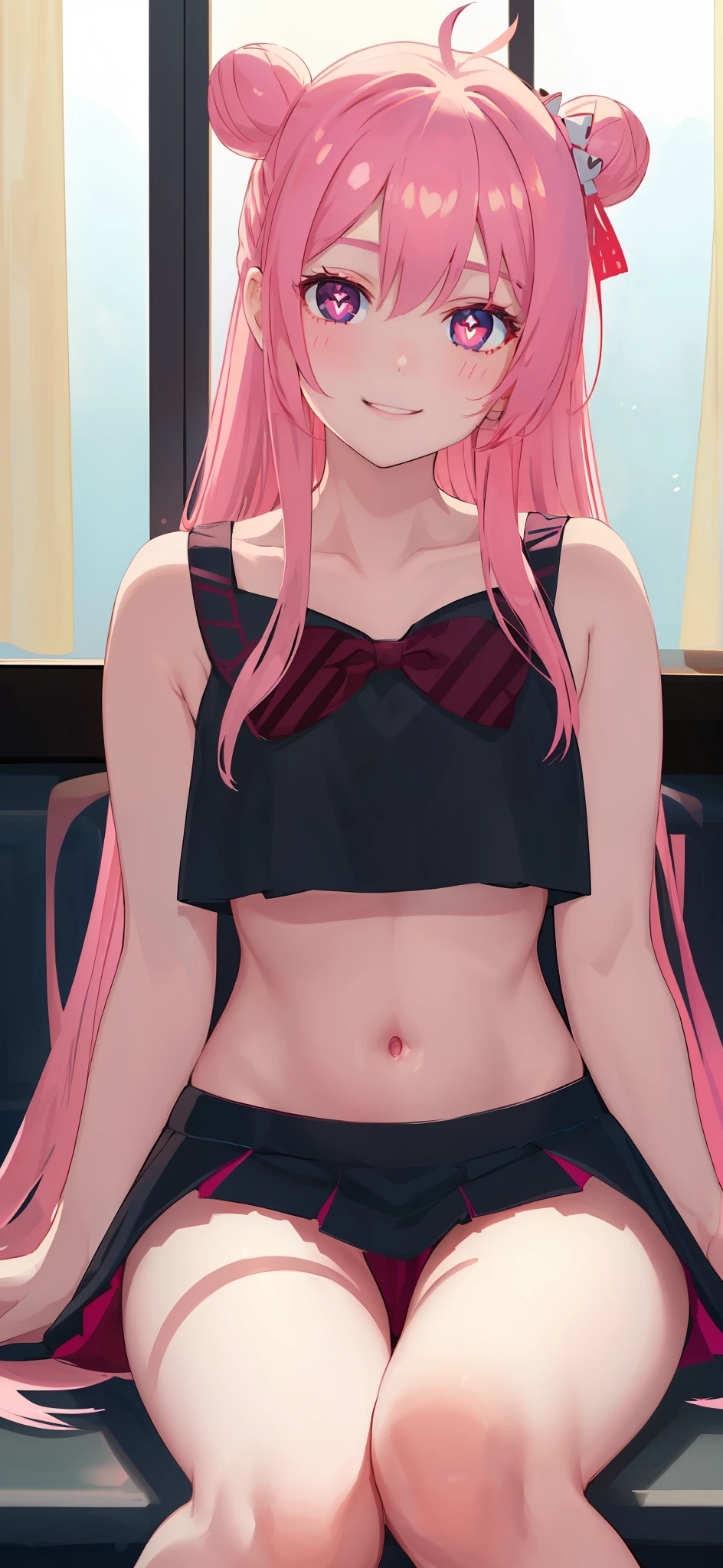 masterpiece, best quality, looking at viewer, 1girl, solo, bare legs, crop top, navel, bow, black serafuku, smiling, glowing eyes, depth of field, sitting, close up, heart shaped pupils