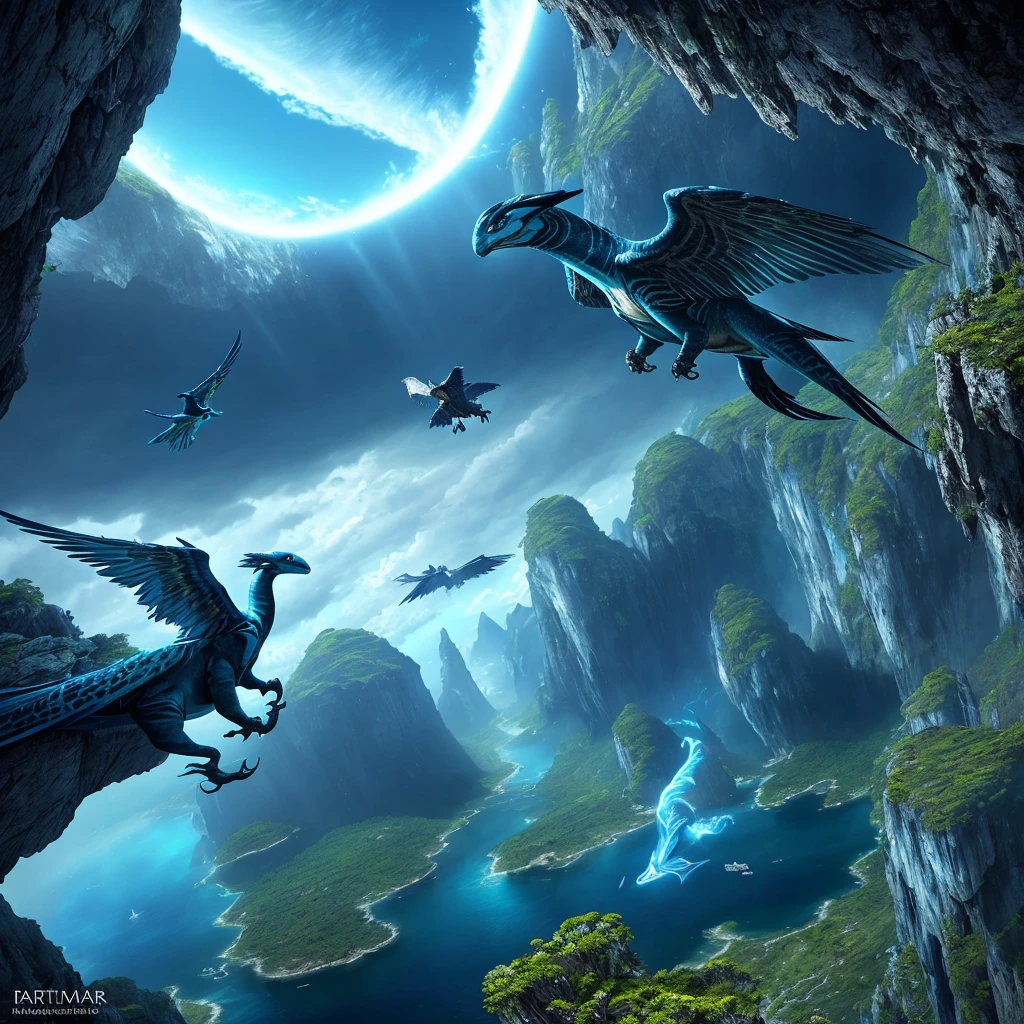 An ultra-realistic photograph capturing the breathtaking moment of Toruk Makto soaring through the skies of Pandora, with intricate details of its majestic wings, vibrant colors, and the awe-inspiring landscape below. The level of realism immerses viewers in the mythical world of Avatar, creating a captivating visual experience in high definition, trending on ArtStation.