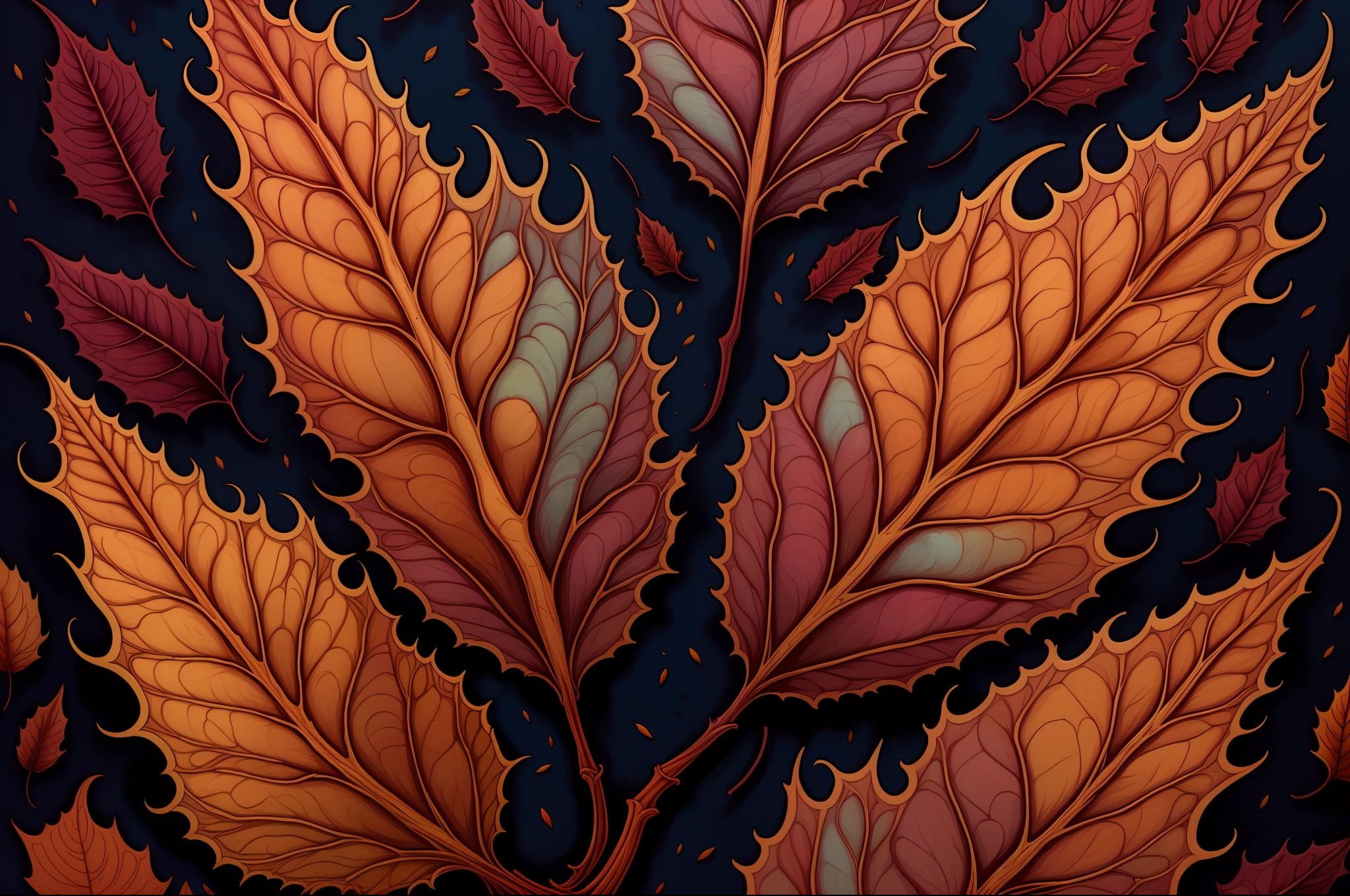 Detailed art by Dan Mumford in 8k format. Beautiful close-up of psychedelic autumn leaf. Colors by Greg Rutkowski. Extreme large number of details. Cinematic atmosphere with light blue colors