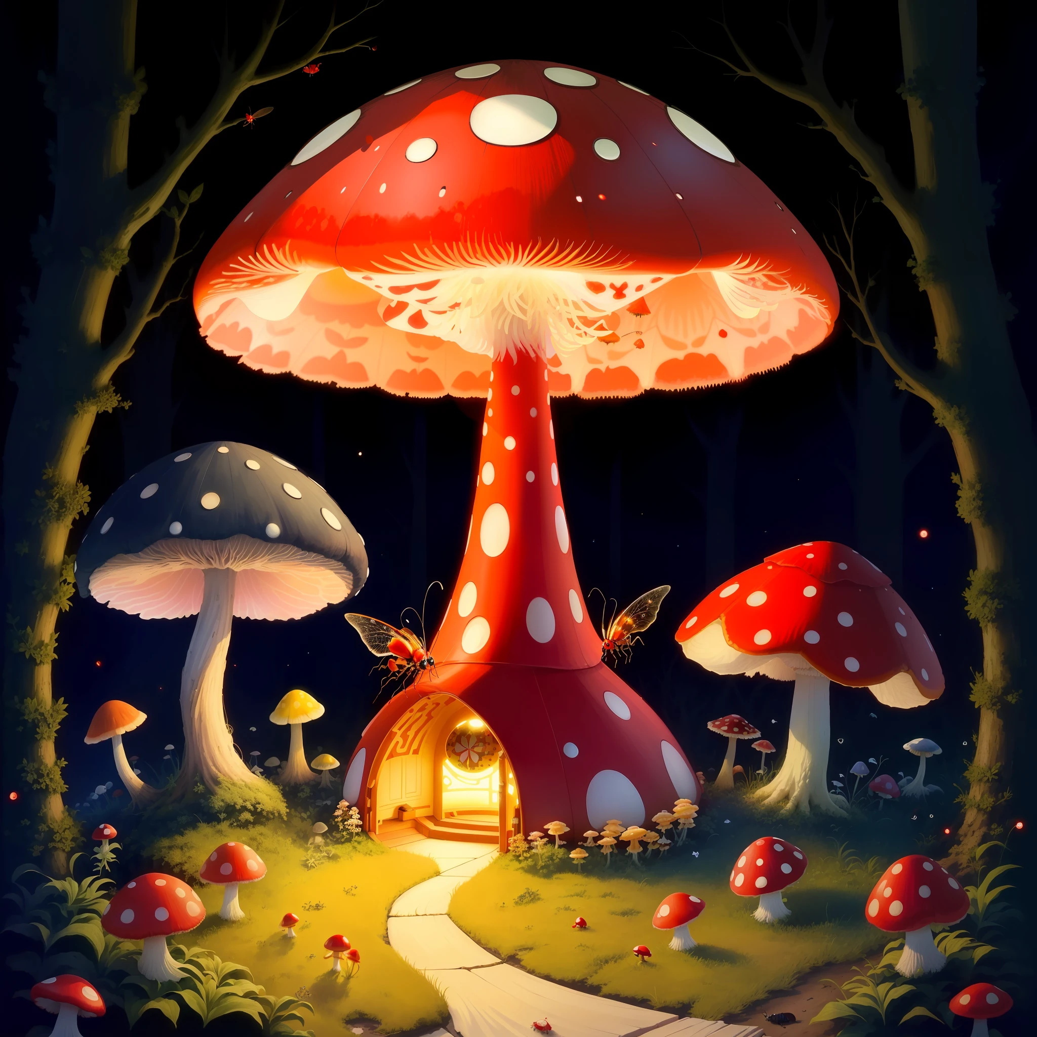 red mushroom with white spots, fairies, ladybugs, centipede, pillbug, moth, fireflies, midnight, full moon, ants, anthill