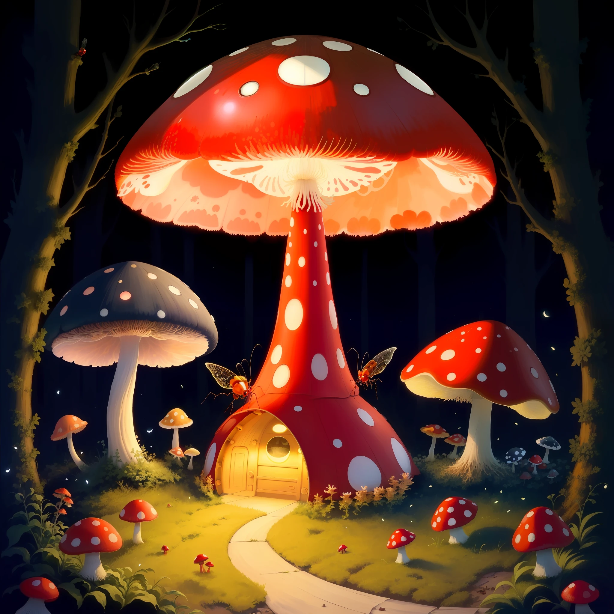 red mushroom with white spots, fairies, ladybugs, centipede, pillbug, moth, fireflies, midnight, full moon, ants, anthill