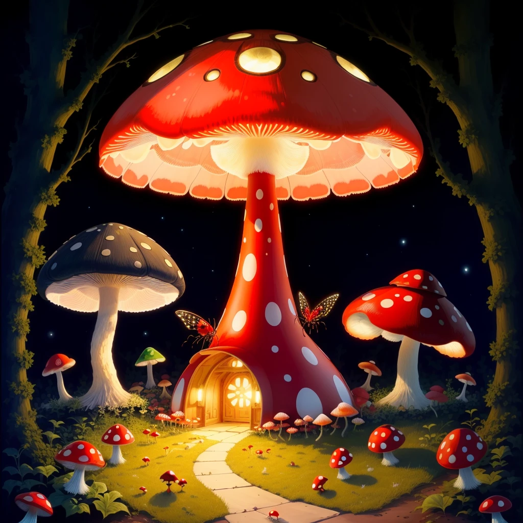 red mushroom with white spots, fairies, ladybugs, centipede, pillbug, moth, fireflies, midnight, full moon, ants, anthill