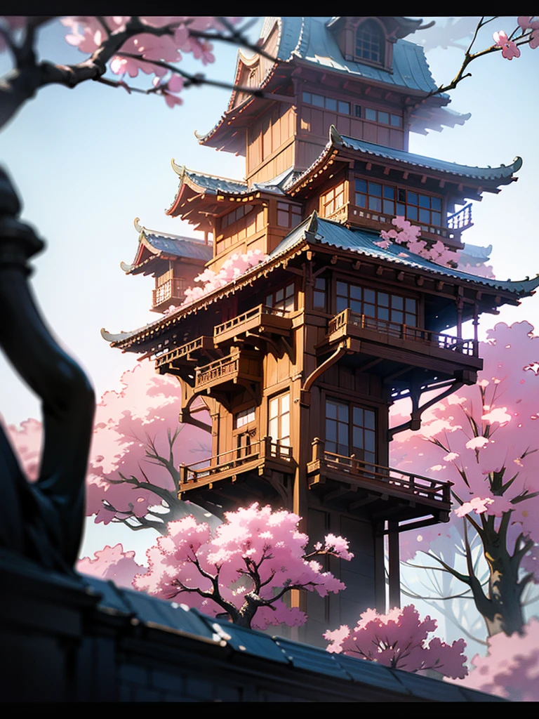 THE CHERRY BLOSSOM TREE HOUSE :: beautiful ornate treehouse in a gigantic pink cherry blossom tree :: on a high blue grey and brown cliff with light snow and pink cherry blossom trees :: Roger Deakins and Moebius and Alphonse Much and Guweiz :: Intricate details, very realistic, cinematic lighting, volumetric lighting, photographic, --ar 9:20 --no blur bokeh defocus dof --s 4000