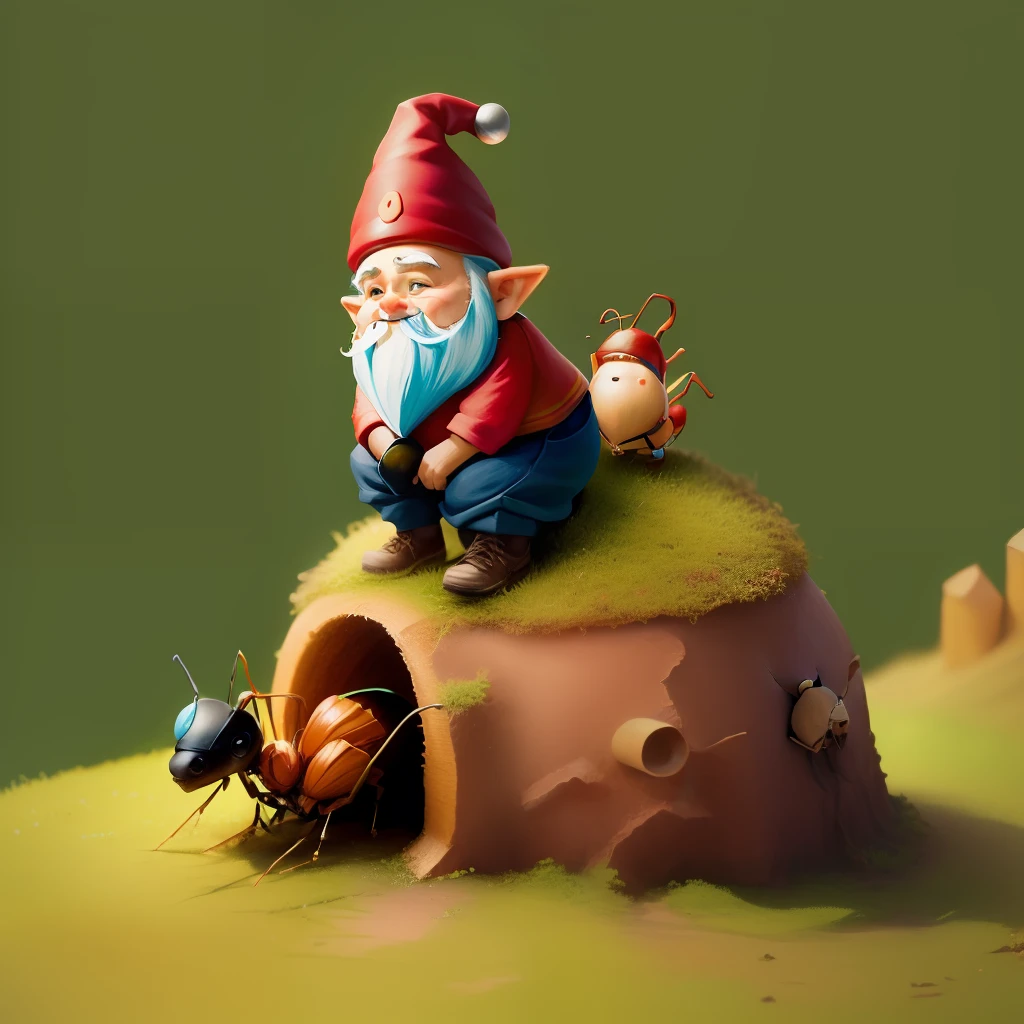 gnome riding an Ant, on top of an Anthill